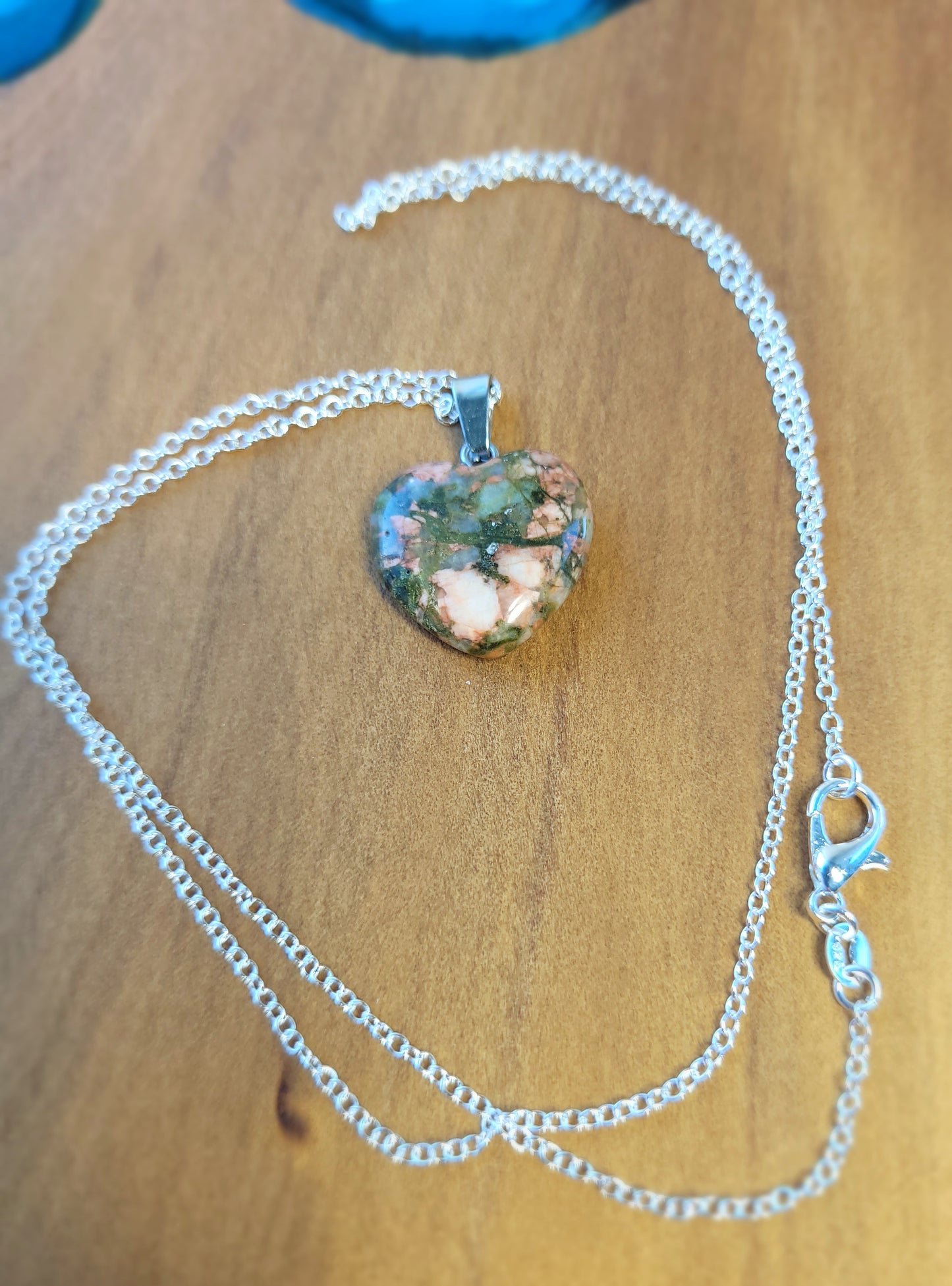 Green Orange & Cream Unakite Heart crystal & silver chain necklace