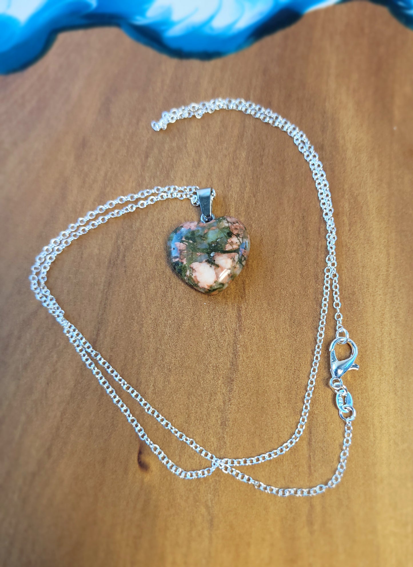 Green Orange & Cream Unakite Heart crystal & silver chain necklace