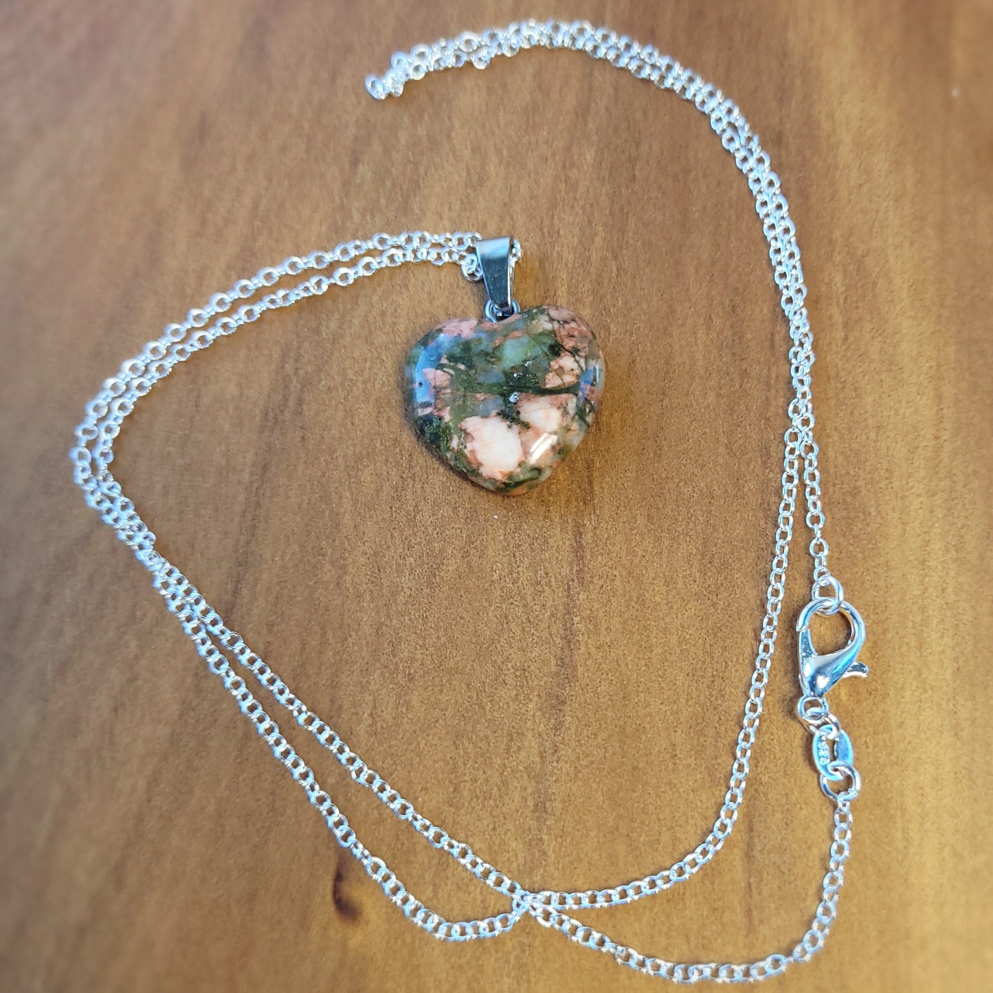 Green Orange & Cream Unakite Heart crystal & silver chain necklace