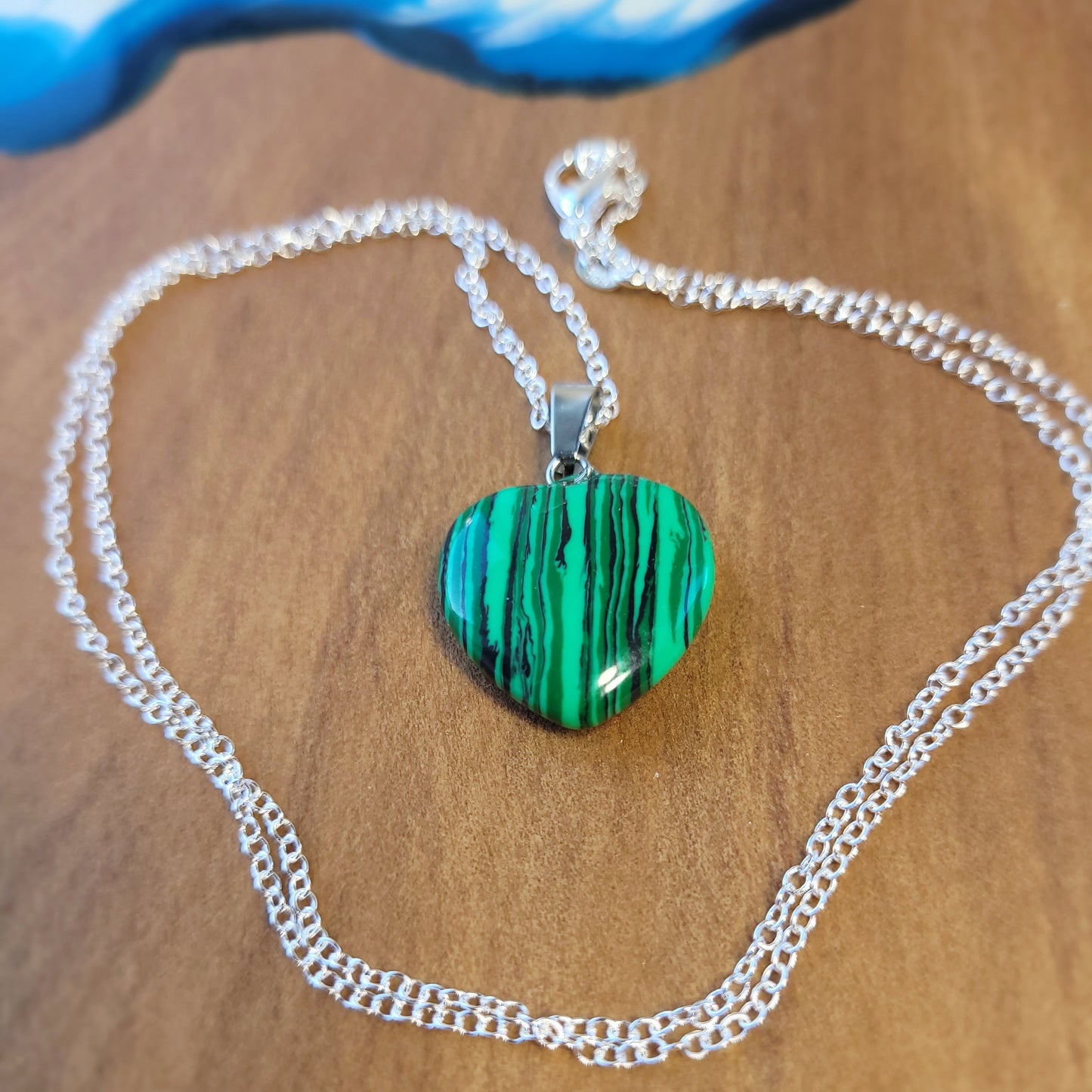 Green Malachite Heart crystal & silver chain necklace