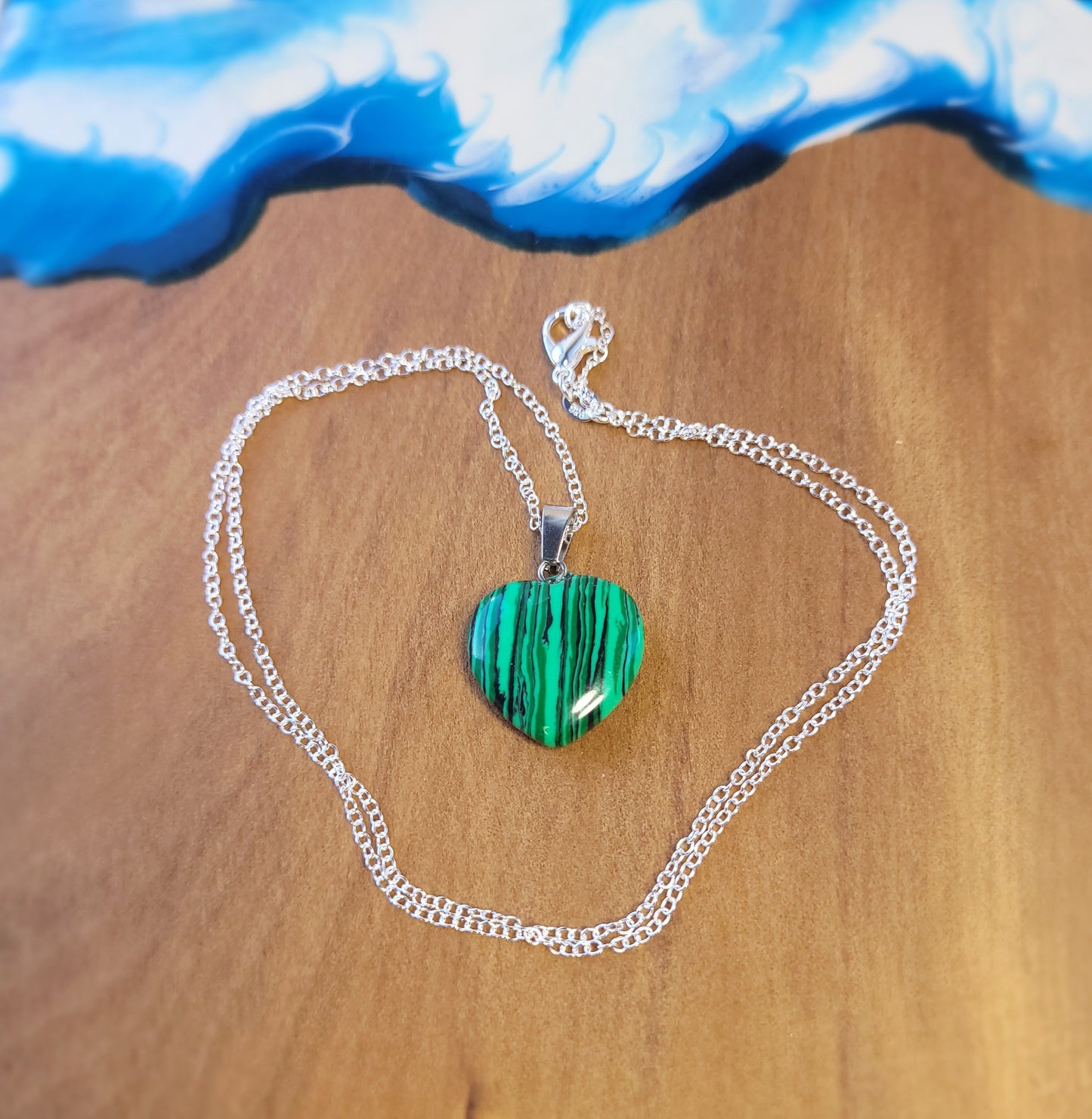 Green Malachite Heart crystal & silver chain necklace