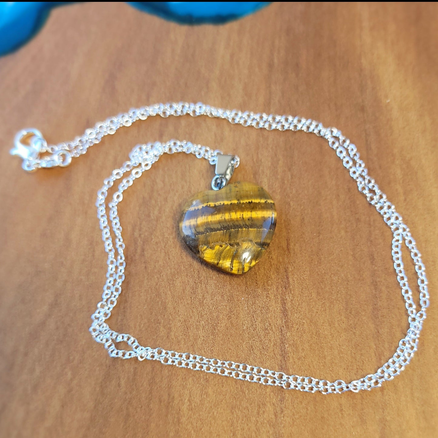 Tiger Eye Heart crystal & silver chain necklace