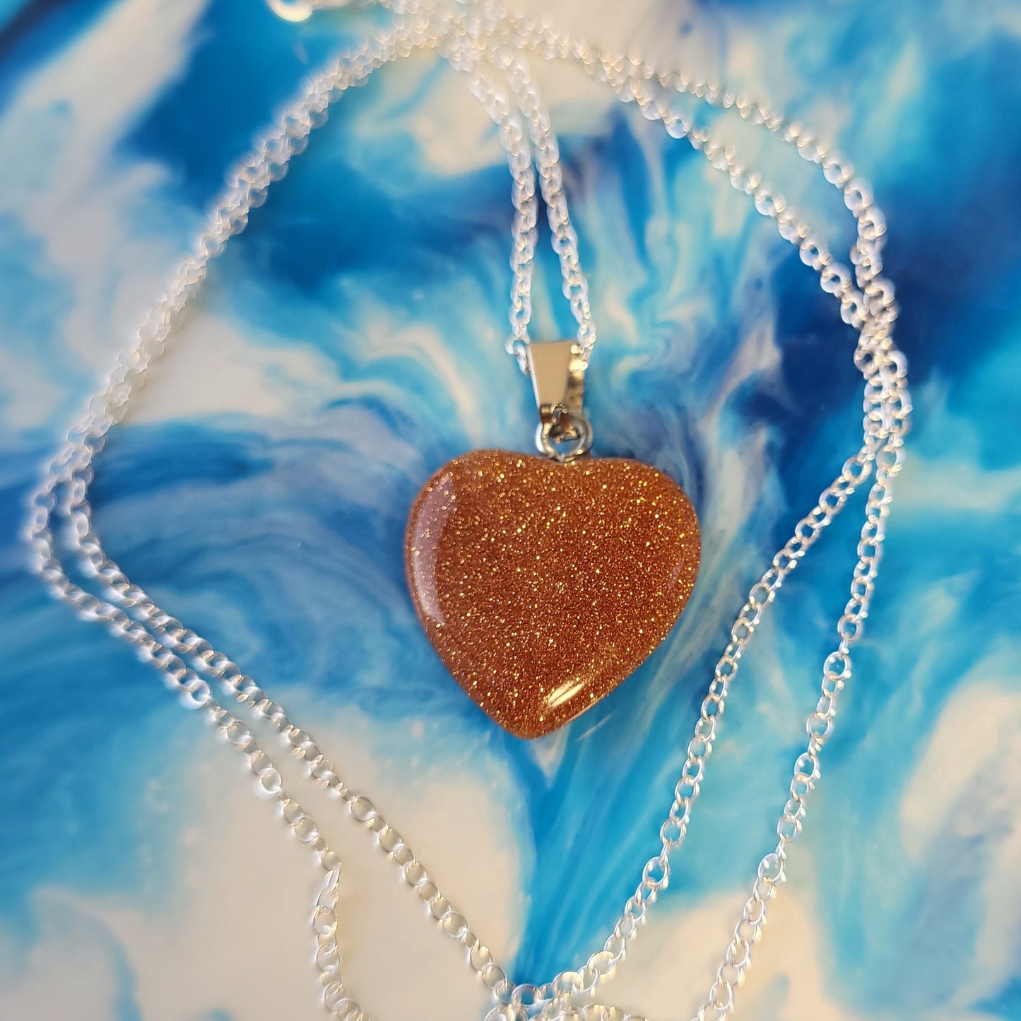 Gold Sandstone Heart crystal & silver chain necklace