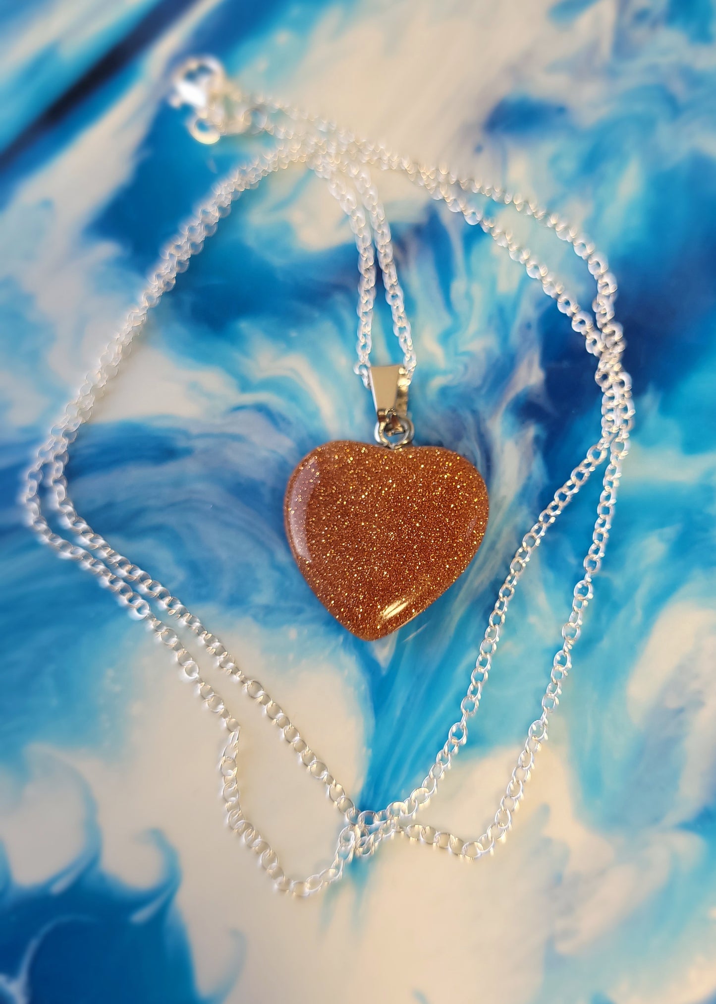 Gold Sandstone Heart crystal & silver chain necklace