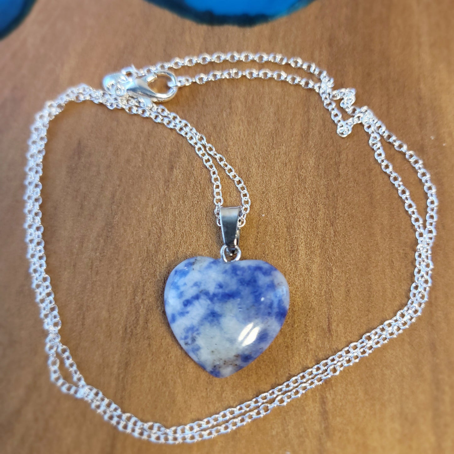 Blue Sodalite Heart crystal & silver chain necklace