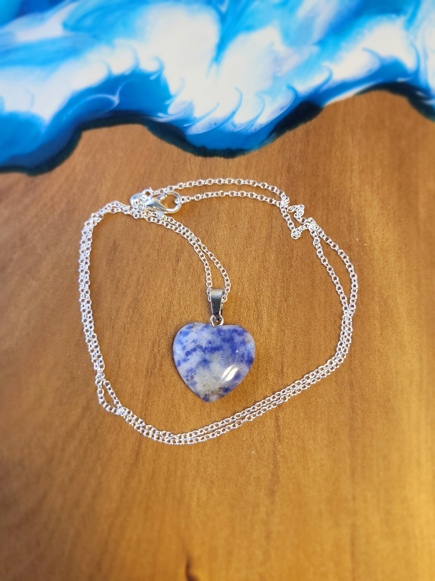 Blue Sodalite Heart crystal & silver chain necklace