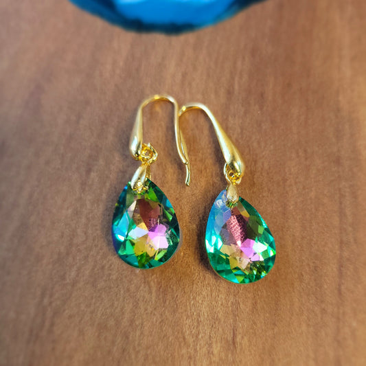 Green / Pink Crystal & Gold Earrings