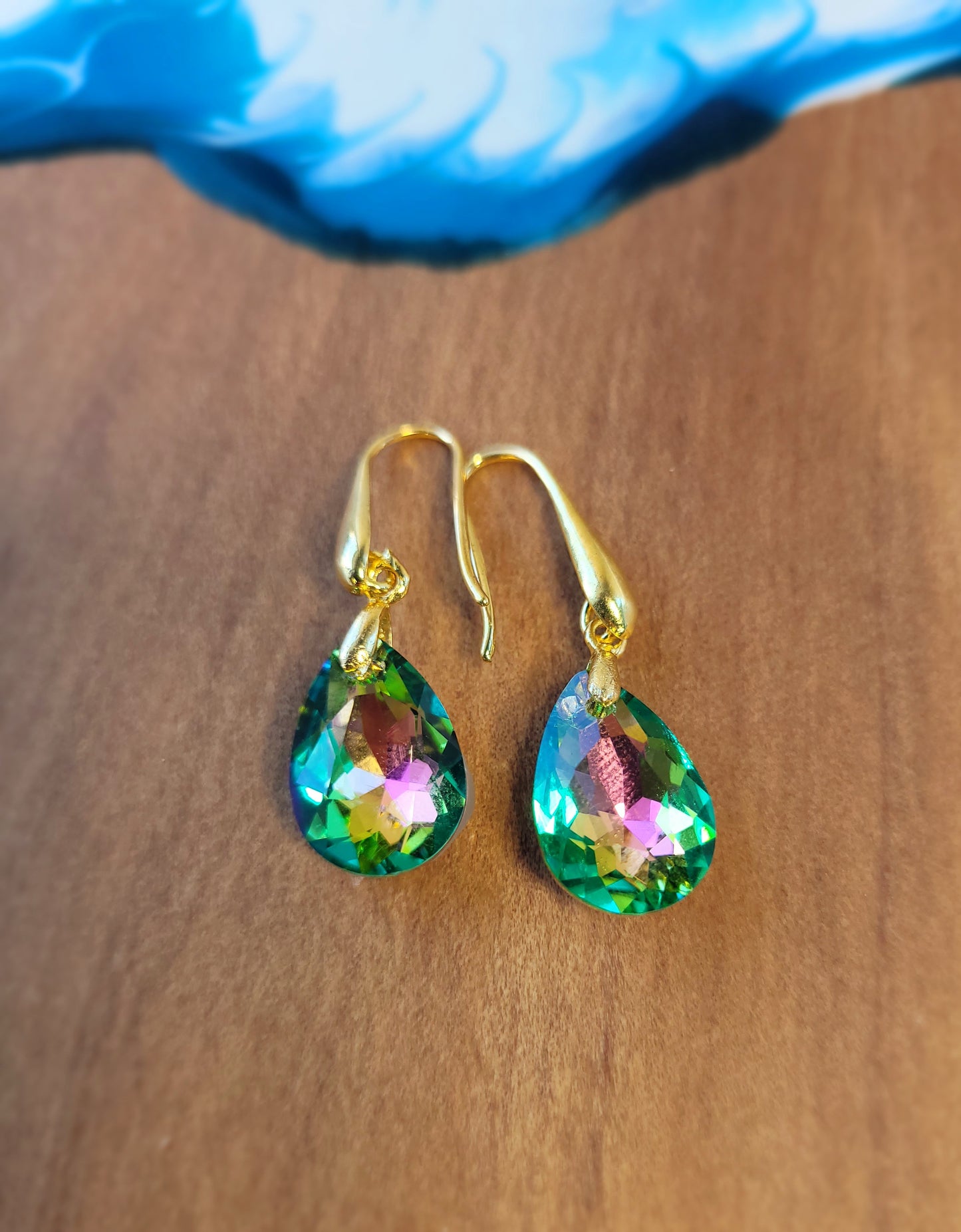 Green / Pink Crystal & Gold Earrings