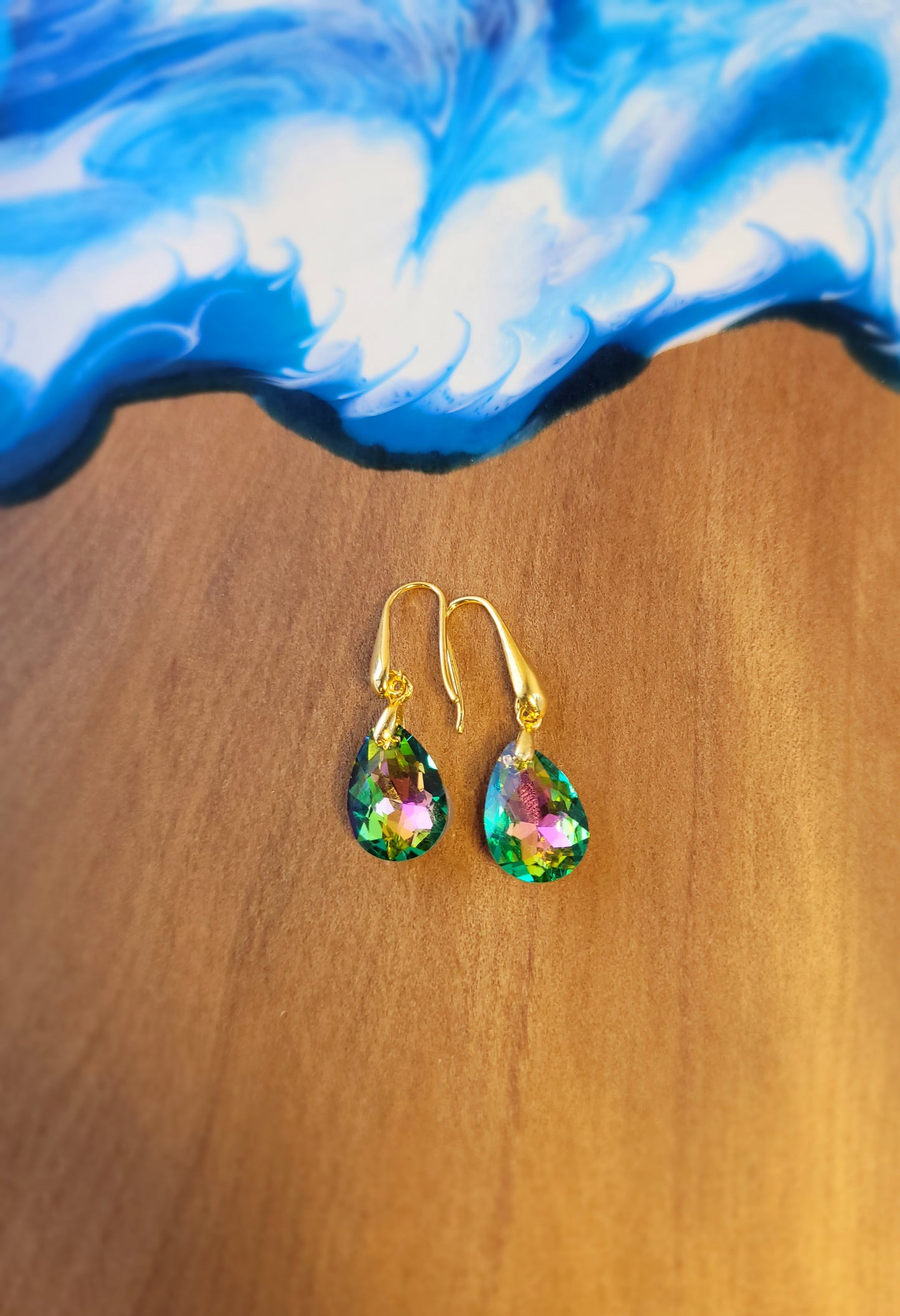 Green / Pink Crystal & Gold Earrings