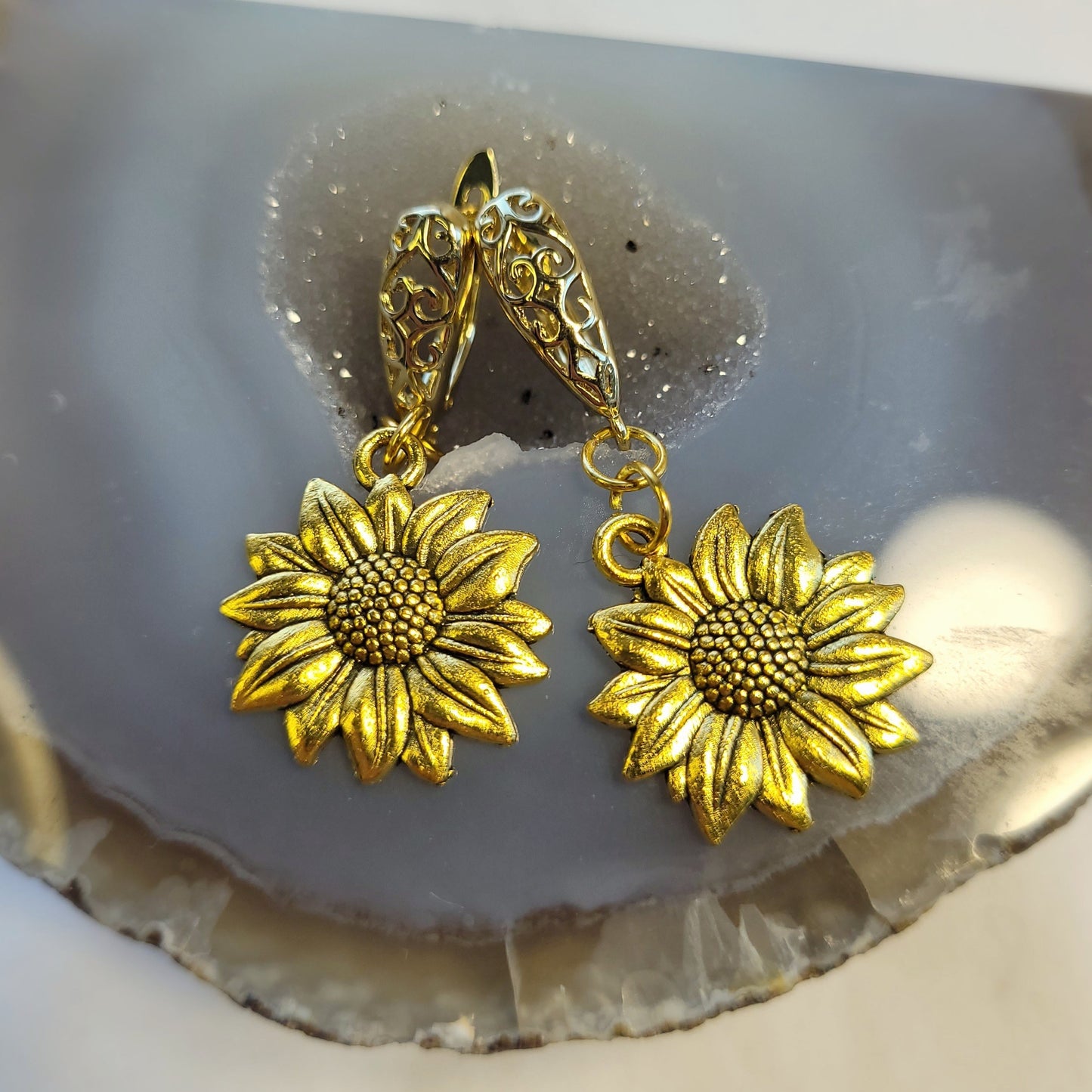 Gold Sunflower Filigree Earrings