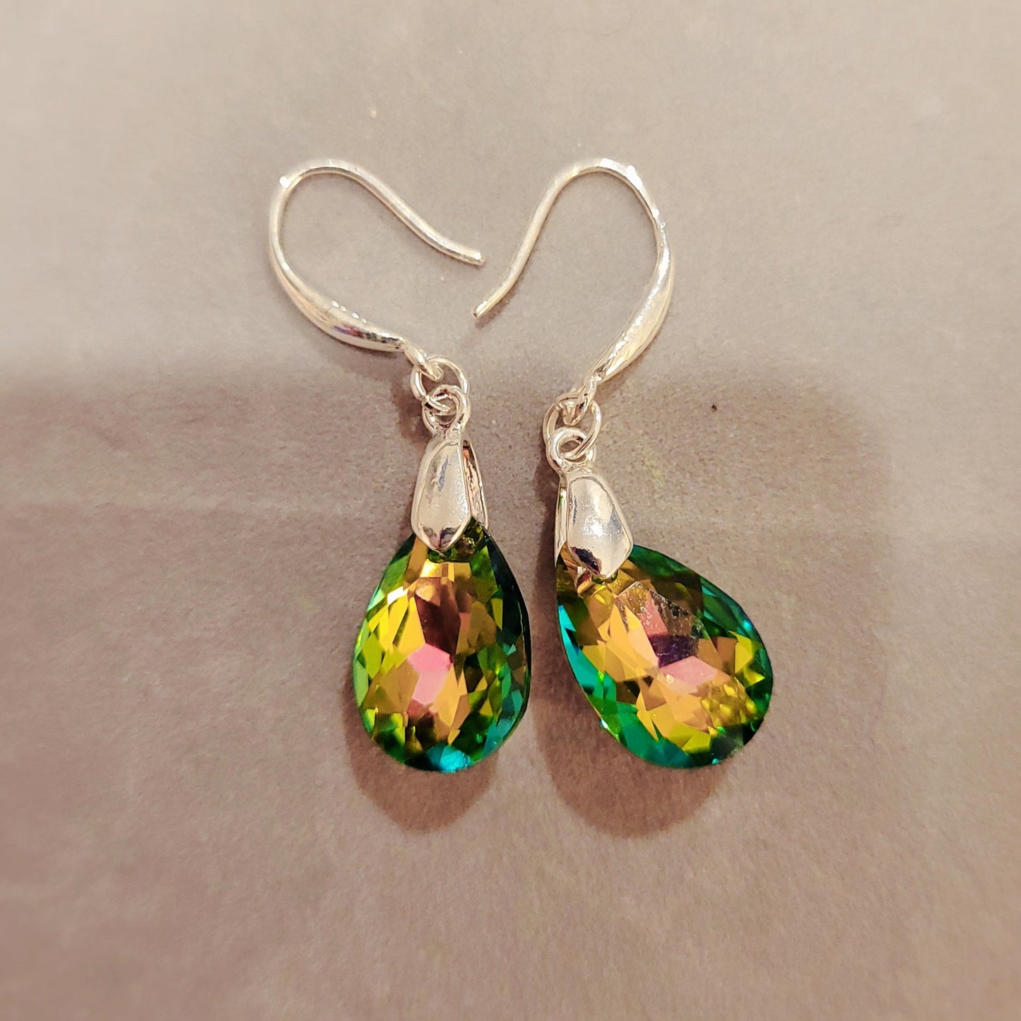 Green / Pink Crystal & Silver Earrings