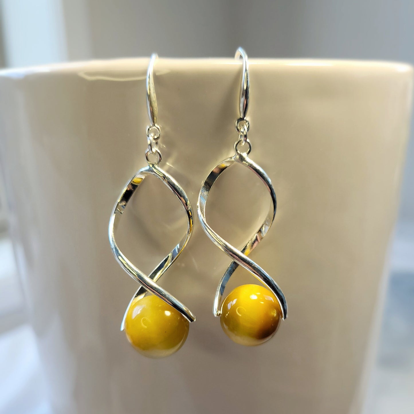 Yellow Tiger Eye Twist Drop Silver Earrings