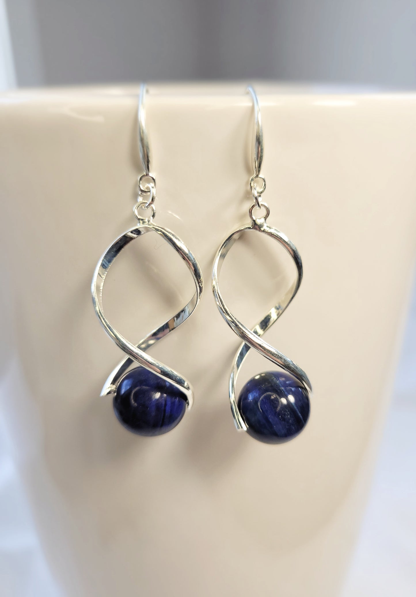 Blue Tiger Eye Twist Drop Silver Earrings