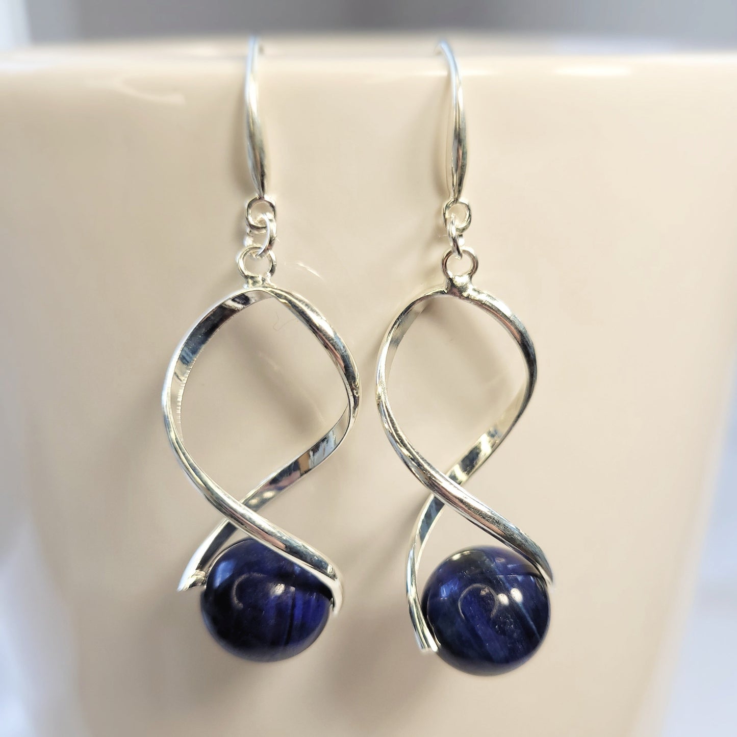 Blue Tiger Eye Twist Drop Silver Earrings