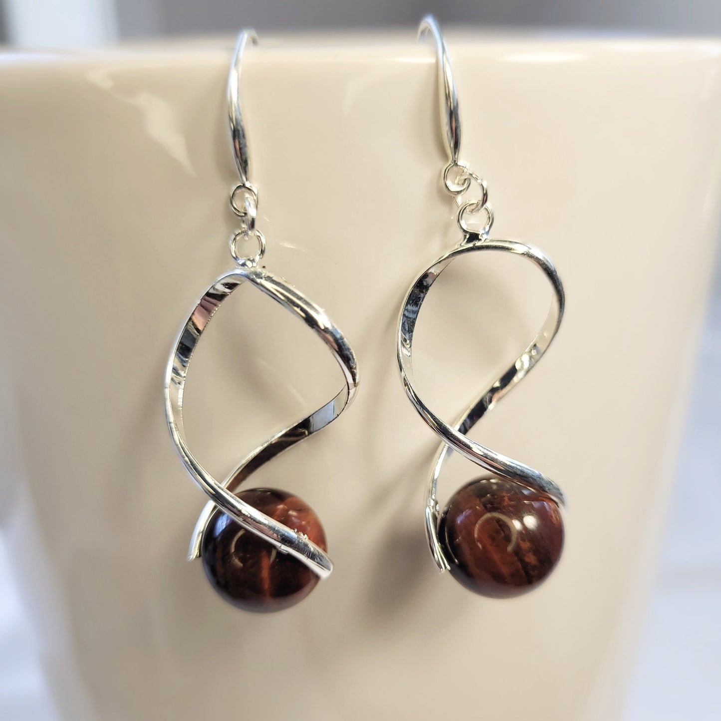 Brown Tiger Eye Twist Drop Silver Earrings