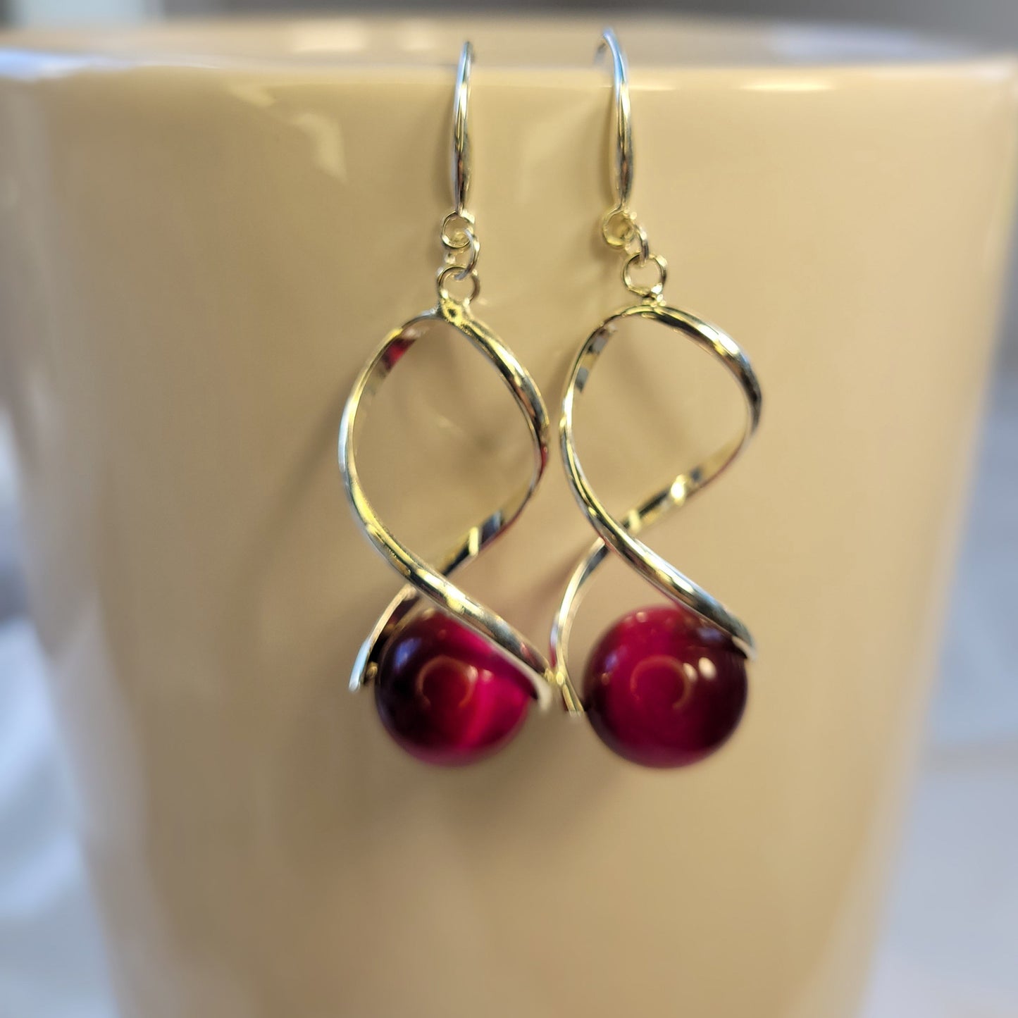 Pink Tiger Eye Twist Drop Silver Earrings