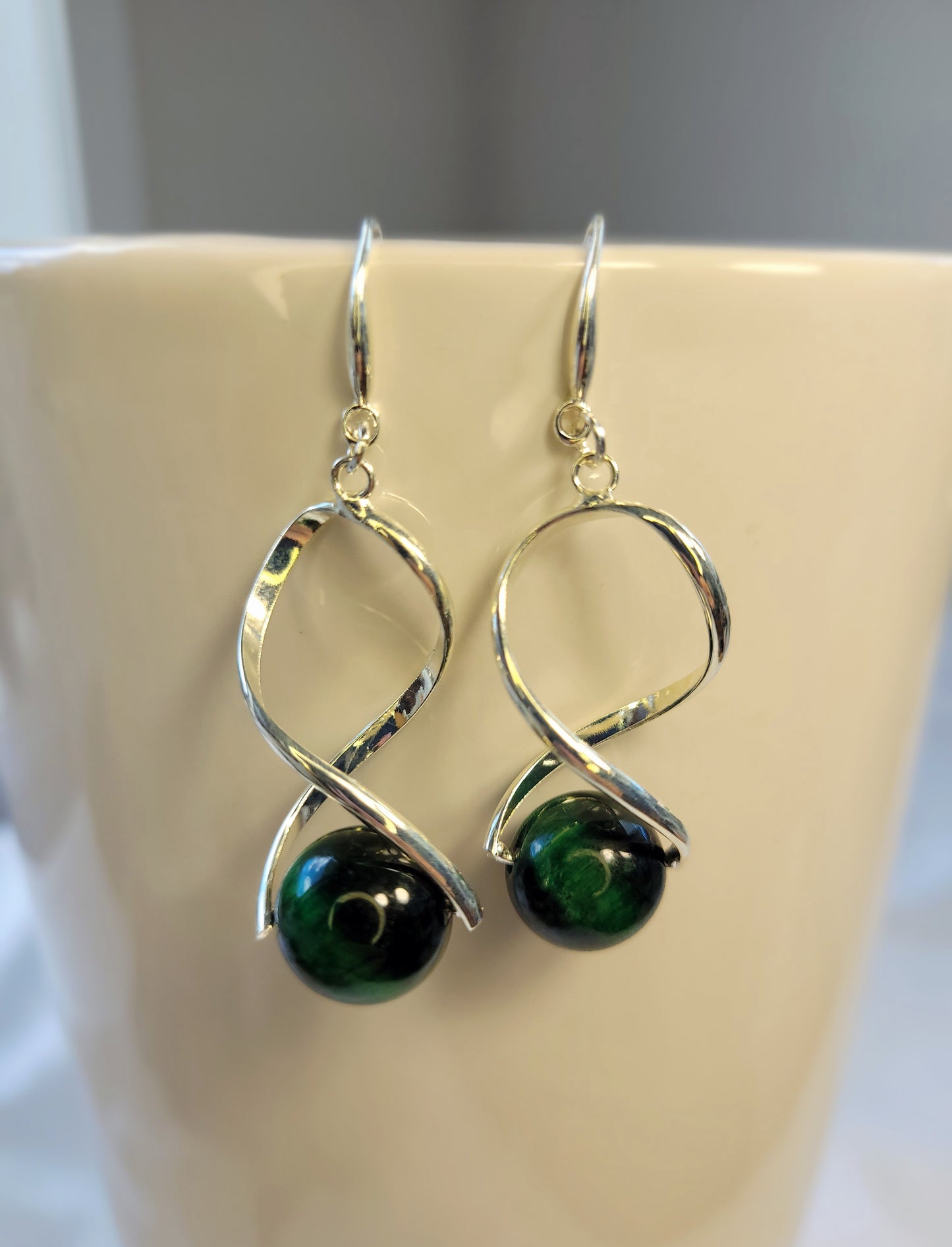 Green Tiger Eye Twist Drop Silver Earrings