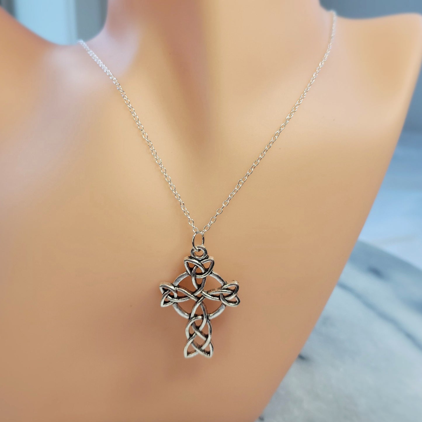 Irish Celtic Cross on silver chain necklace