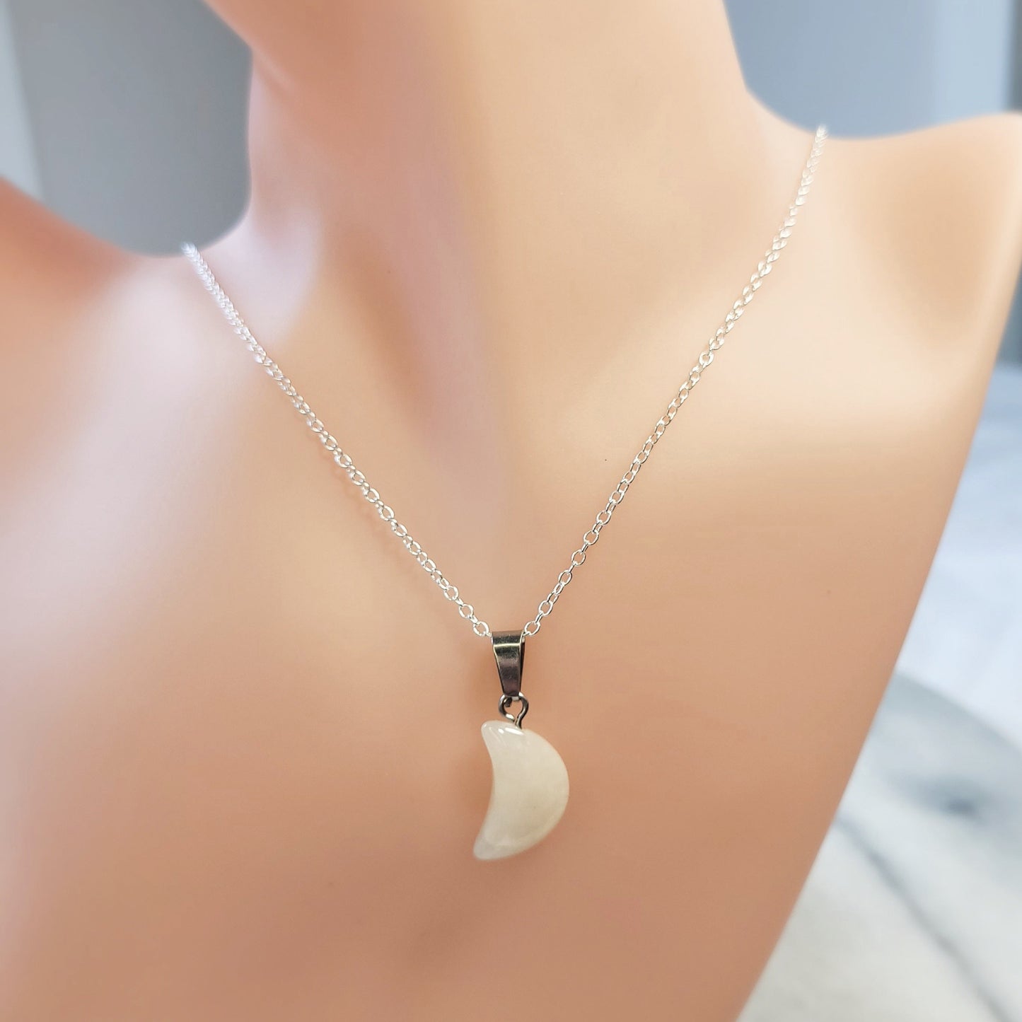 Pale Rose Quartz Quarter Moon crystal & silver chain necklace