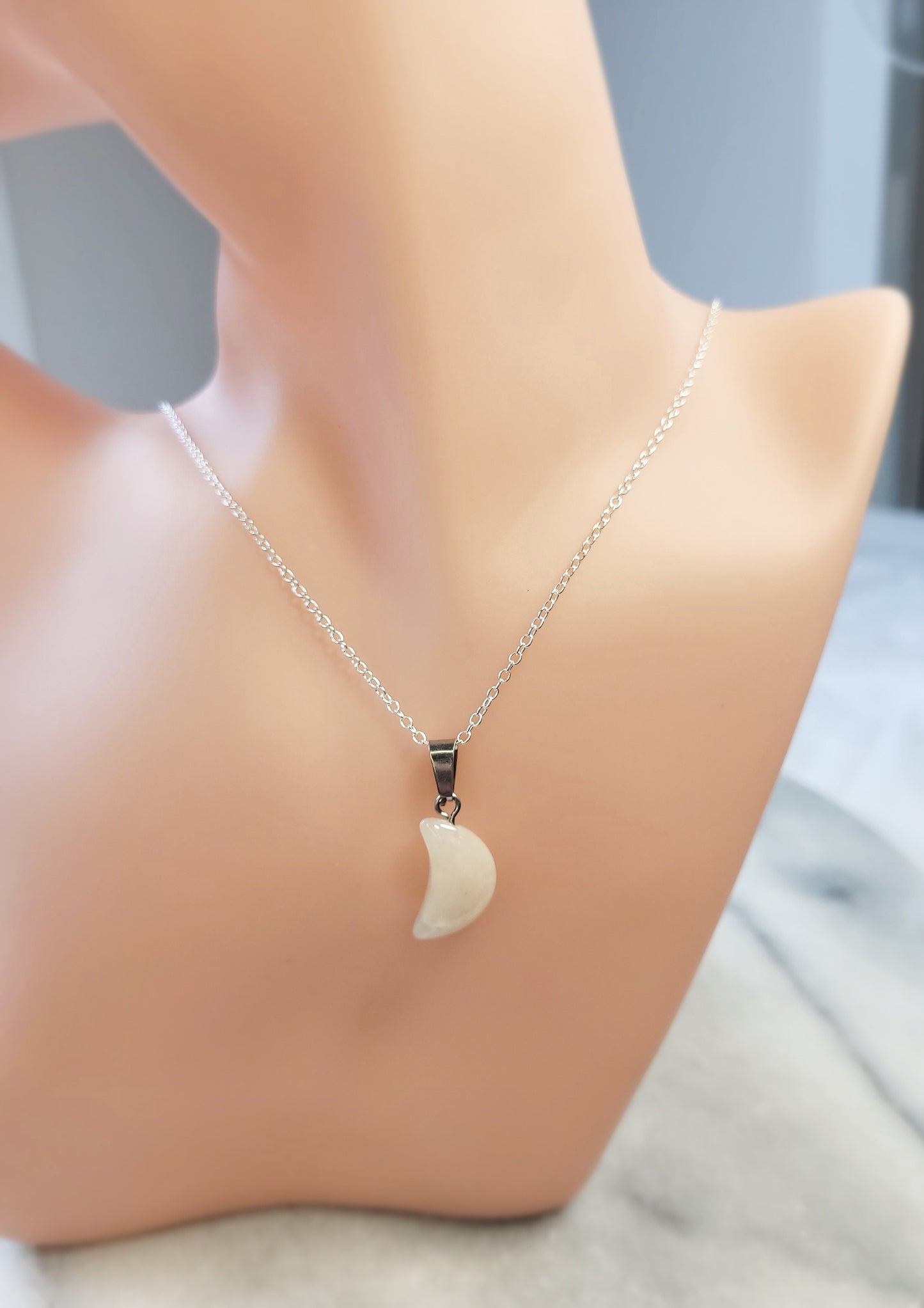 Pale Rose Quartz Quarter Moon crystal & silver chain necklace