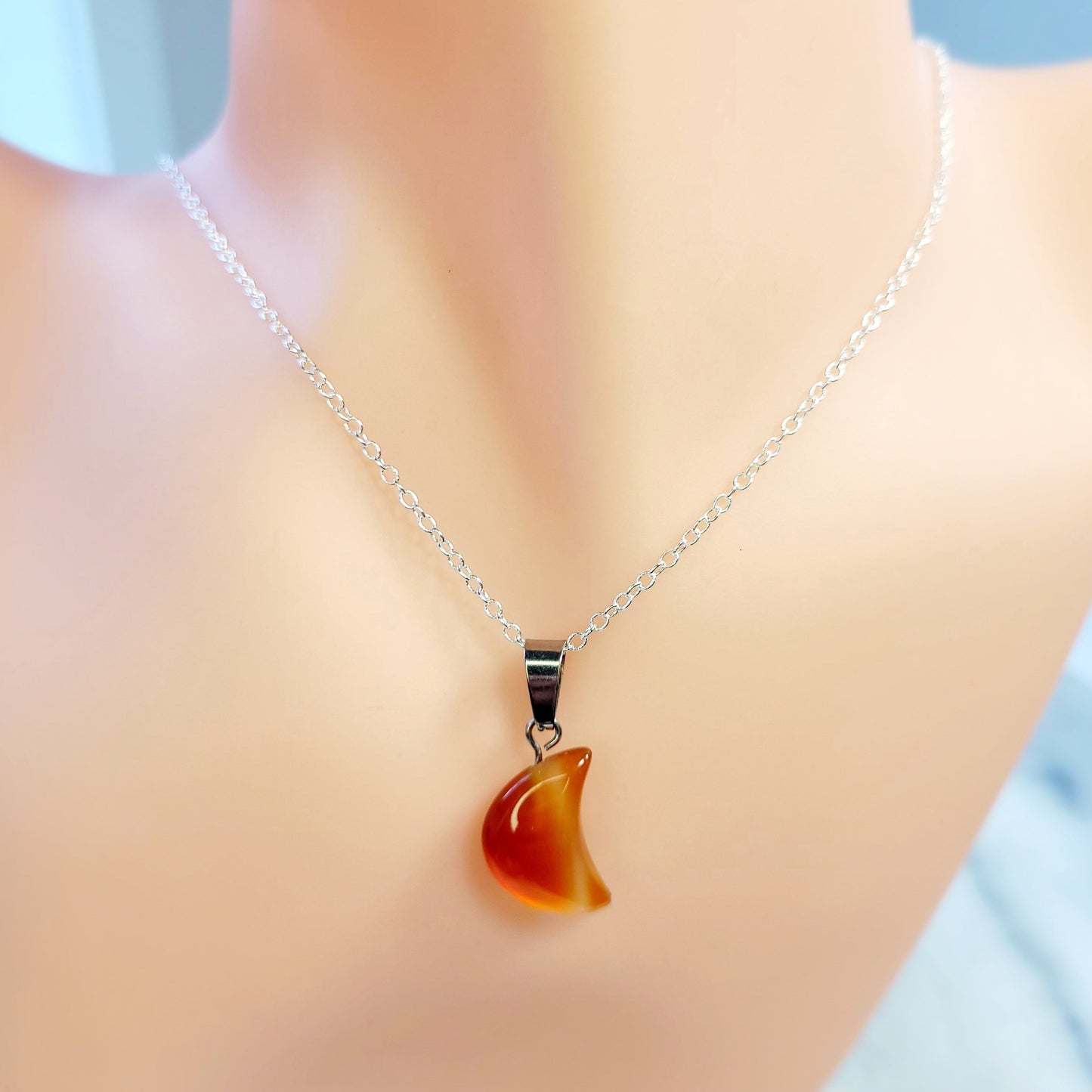 Red Onyx Quarter Moon crystal & silver chain necklace