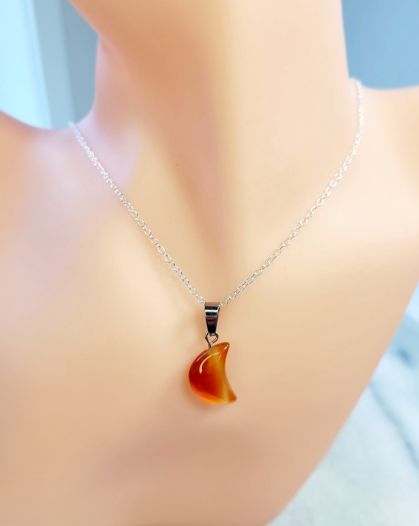 Red Onyx Quarter Moon crystal & silver chain necklace