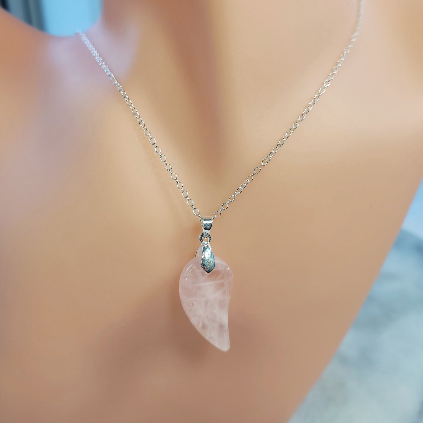 Rose quartz angel wing crystal with silver necklace