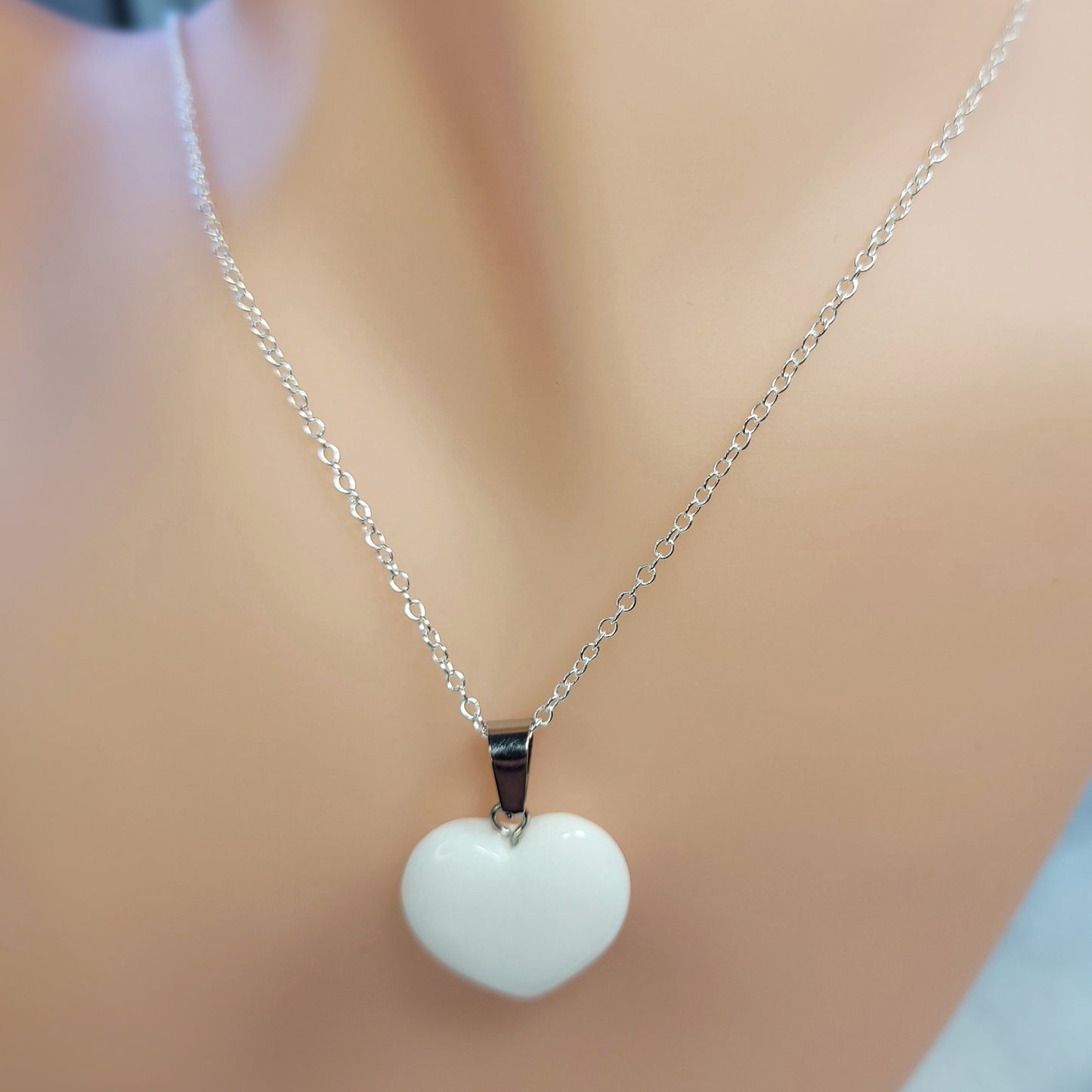 White Jasper Heart crystal & silver chain necklace