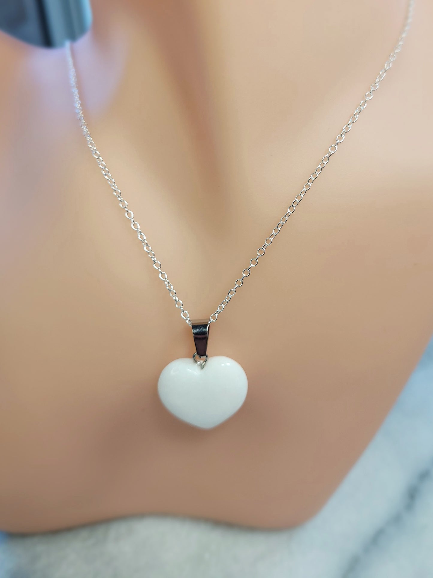 White Jasper Heart crystal & silver chain necklace