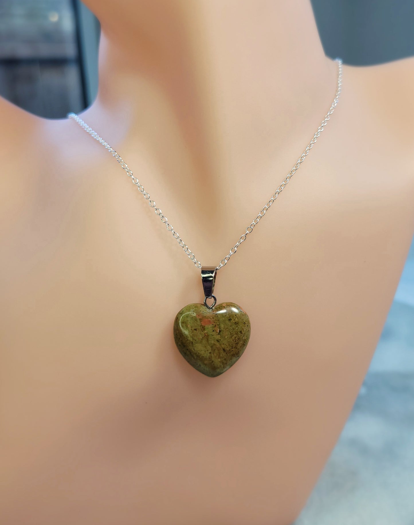 Green & Orange Unakite Heart crystal & silver chain necklace