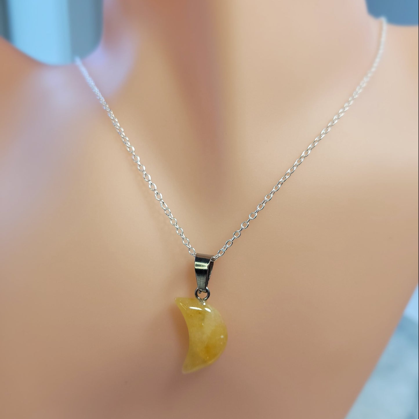 Yellow Aventurine Quarter Moon crystal & silver chain necklace