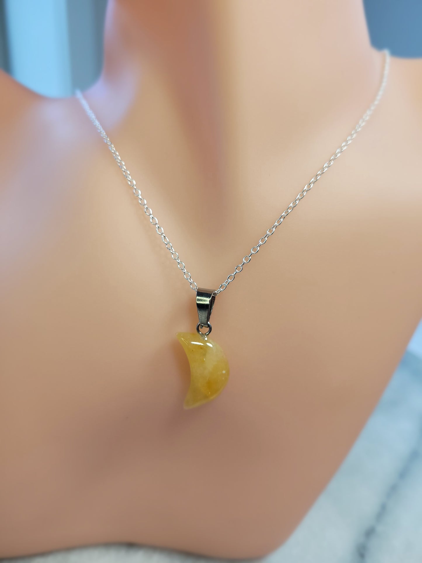 Yellow Aventurine Quarter Moon crystal & silver chain necklace