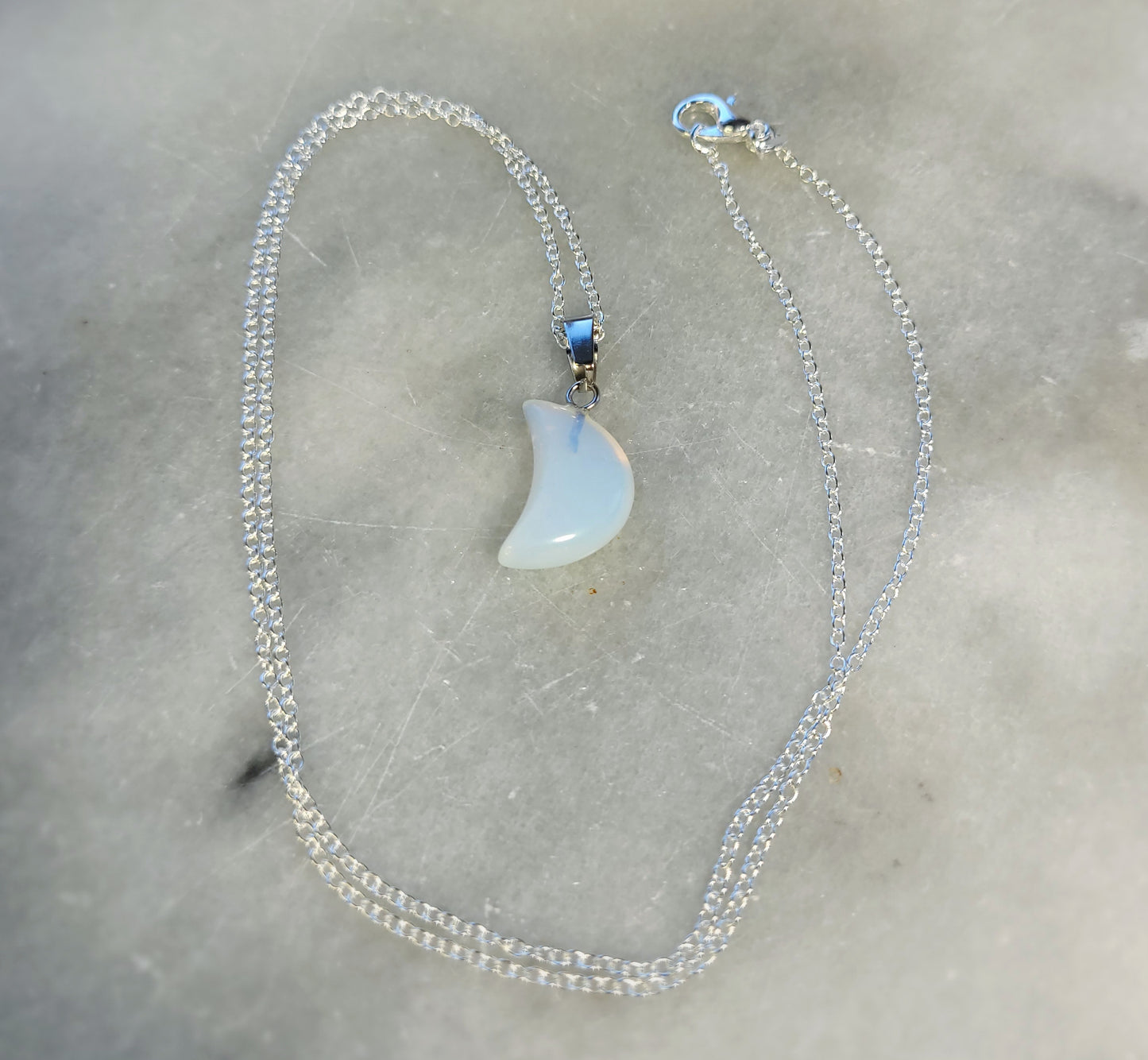 Moonstone Quarter Moon crystal & silver chain necklace