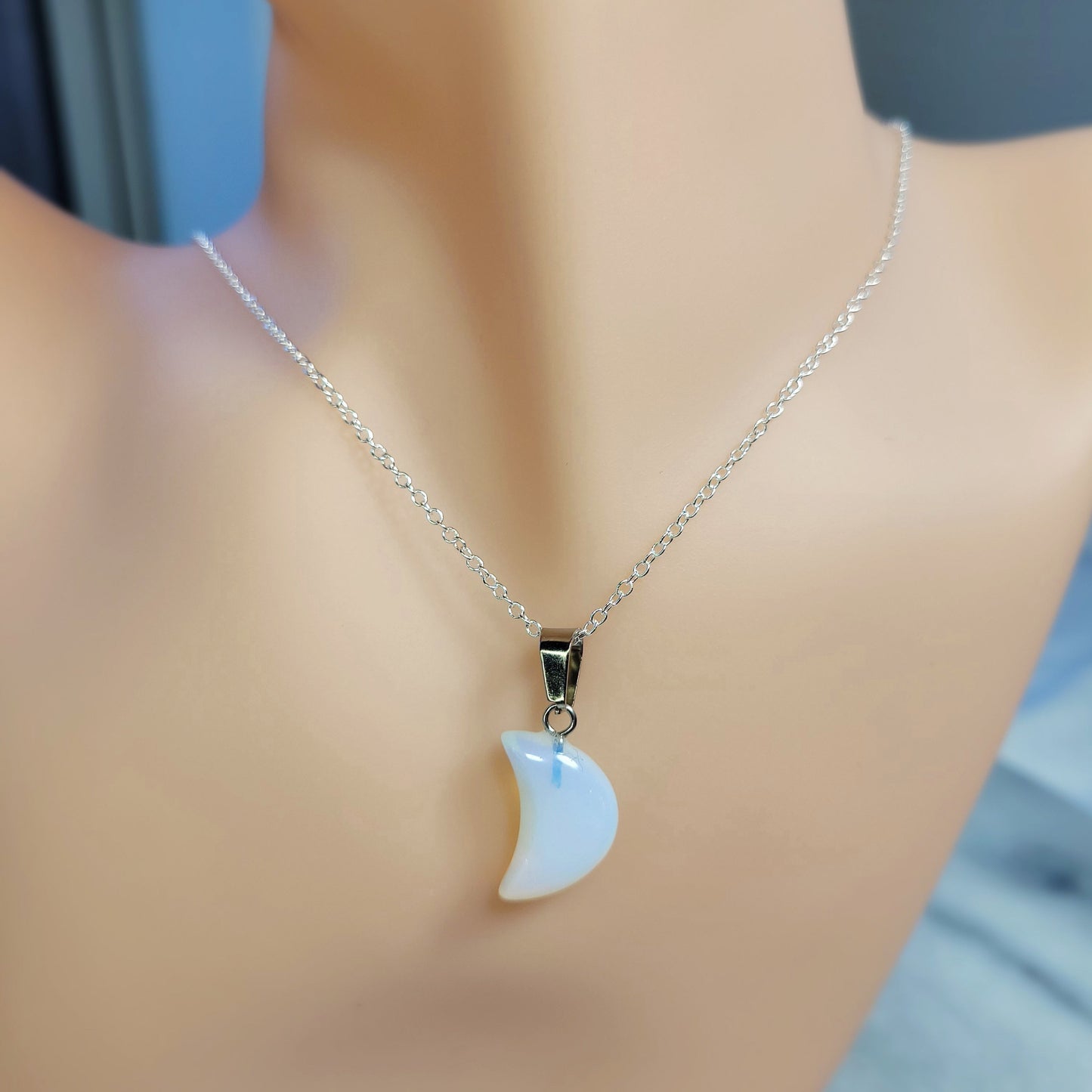 Moonstone Quarter Moon crystal & silver chain necklace