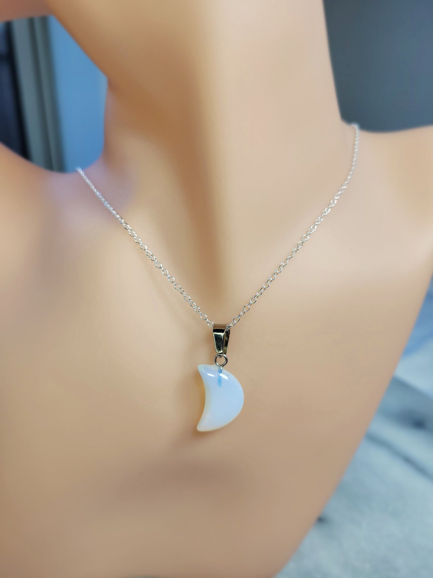 Moonstone Quarter Moon crystal & silver chain necklace