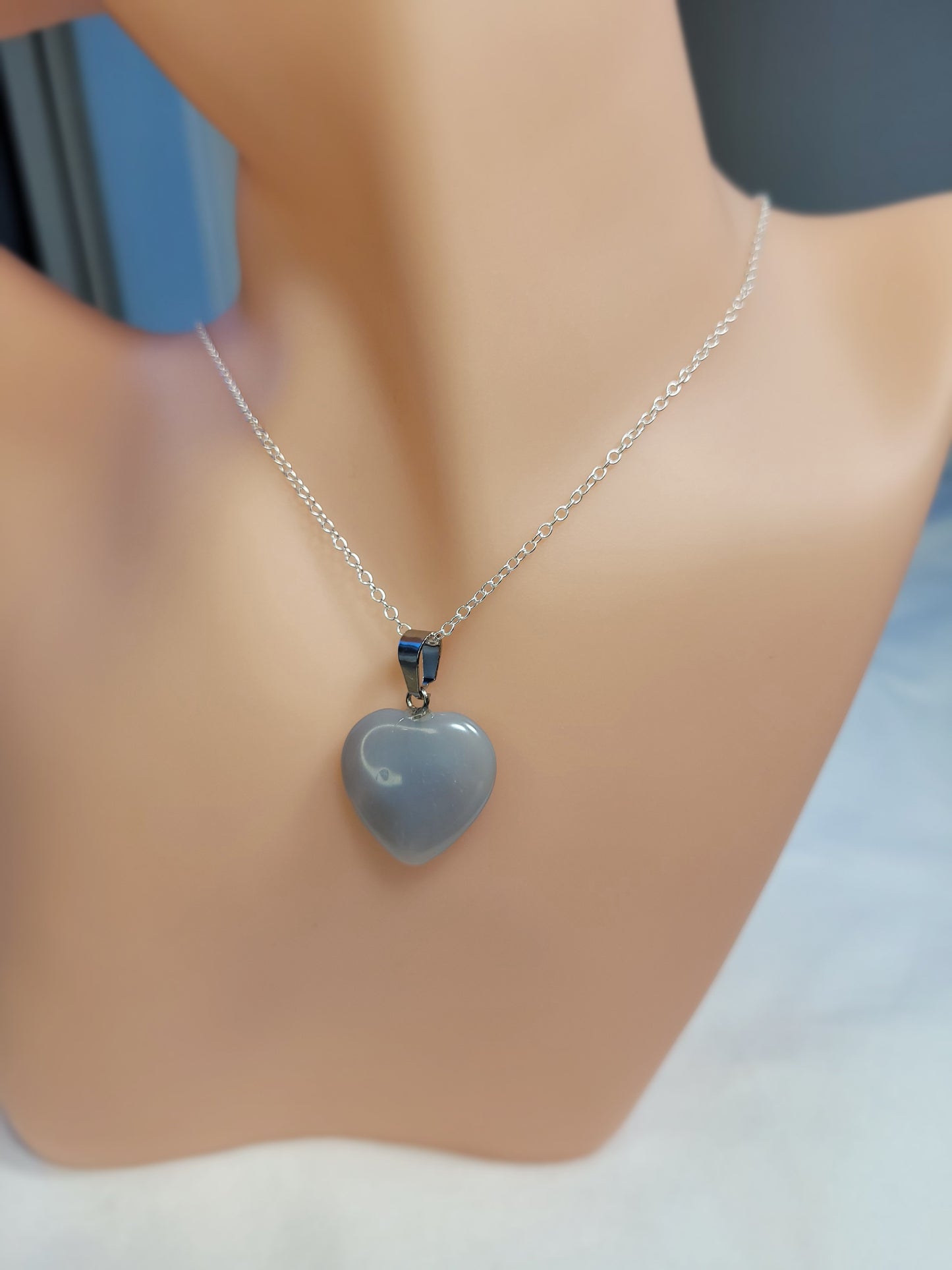 Grey Smokey Quartz Heart crystal & silver chain necklace