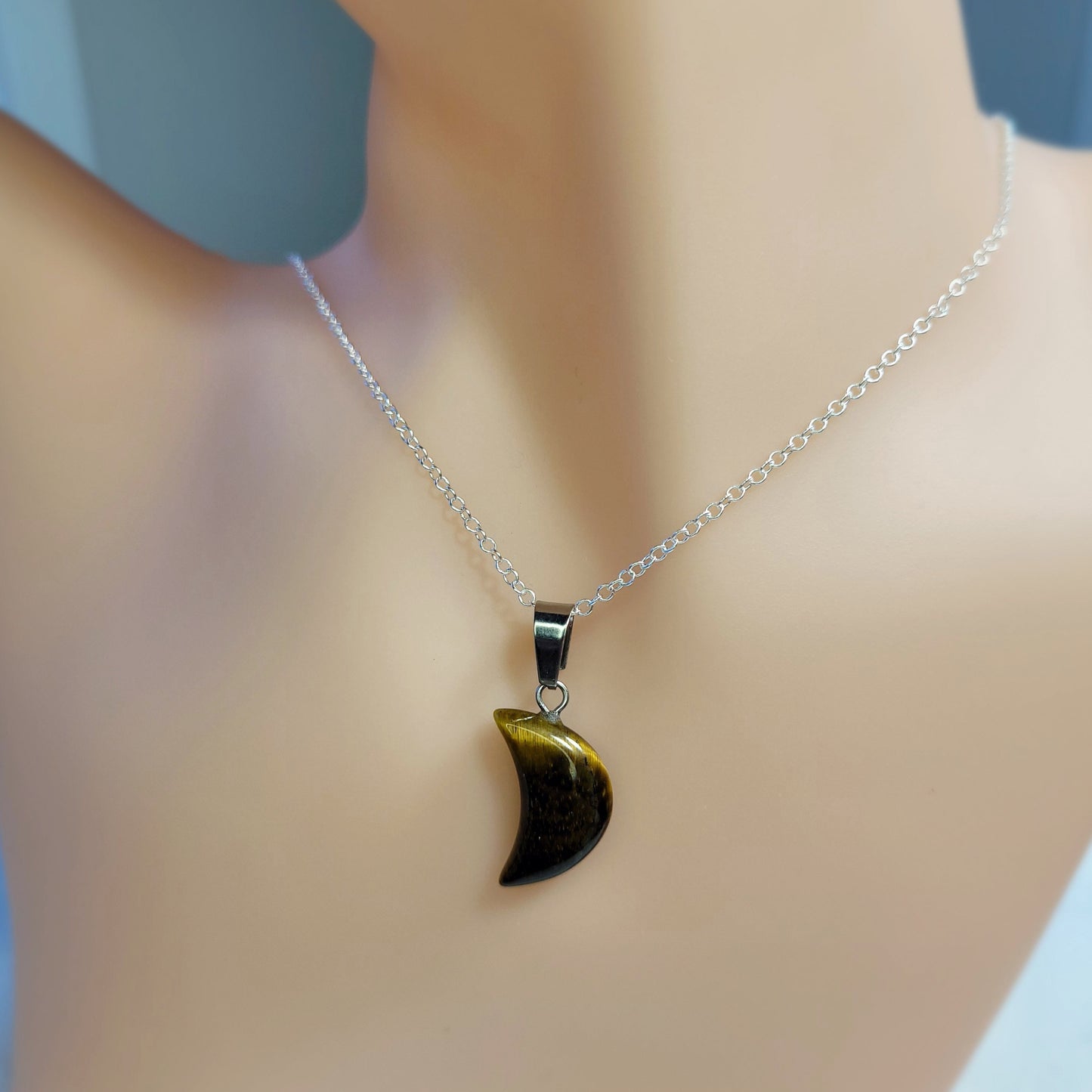 Tiger Eye Quarter Moon crystal & silver chain necklace