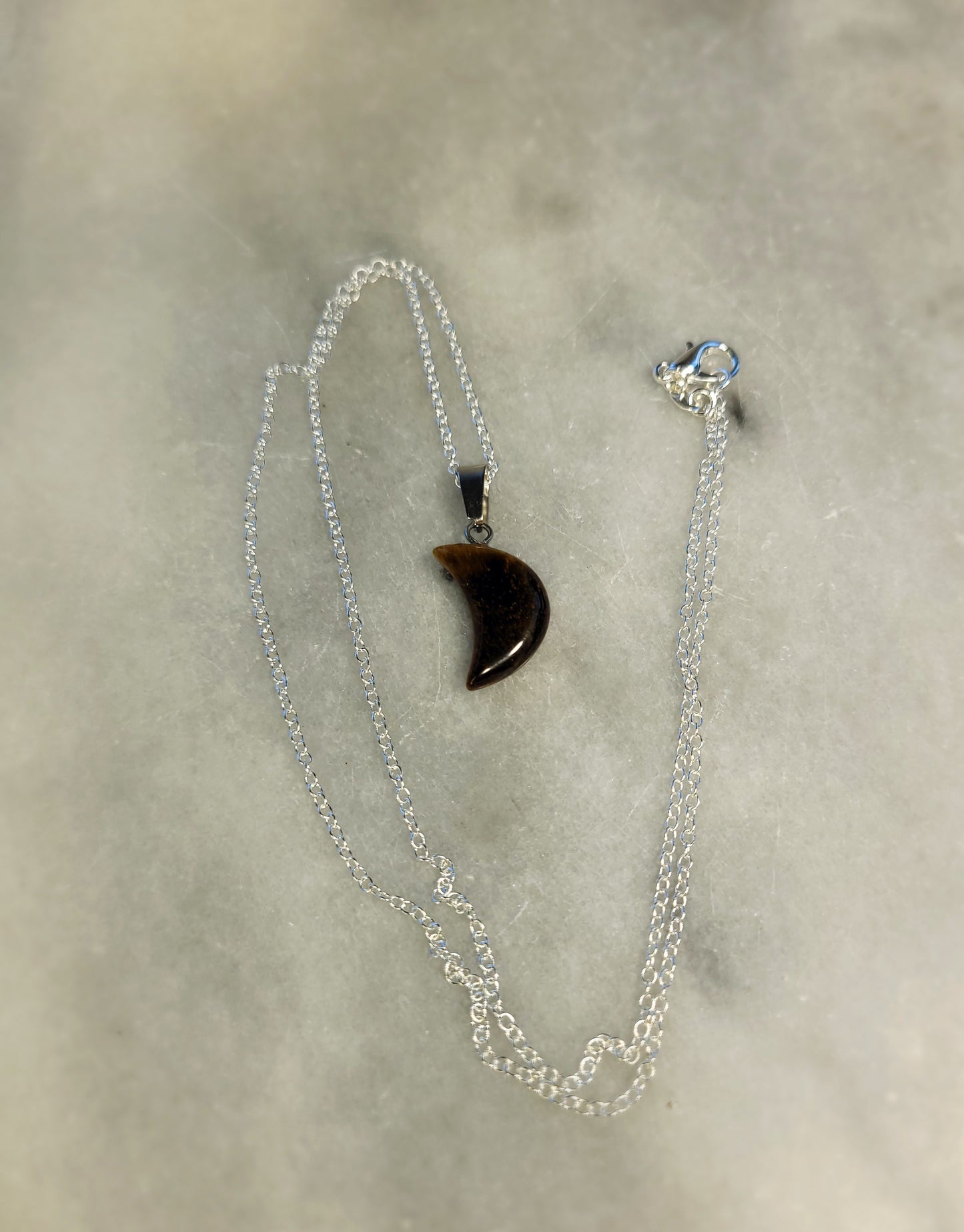 Tiger Eye Quarter Moon crystal & silver chain necklace