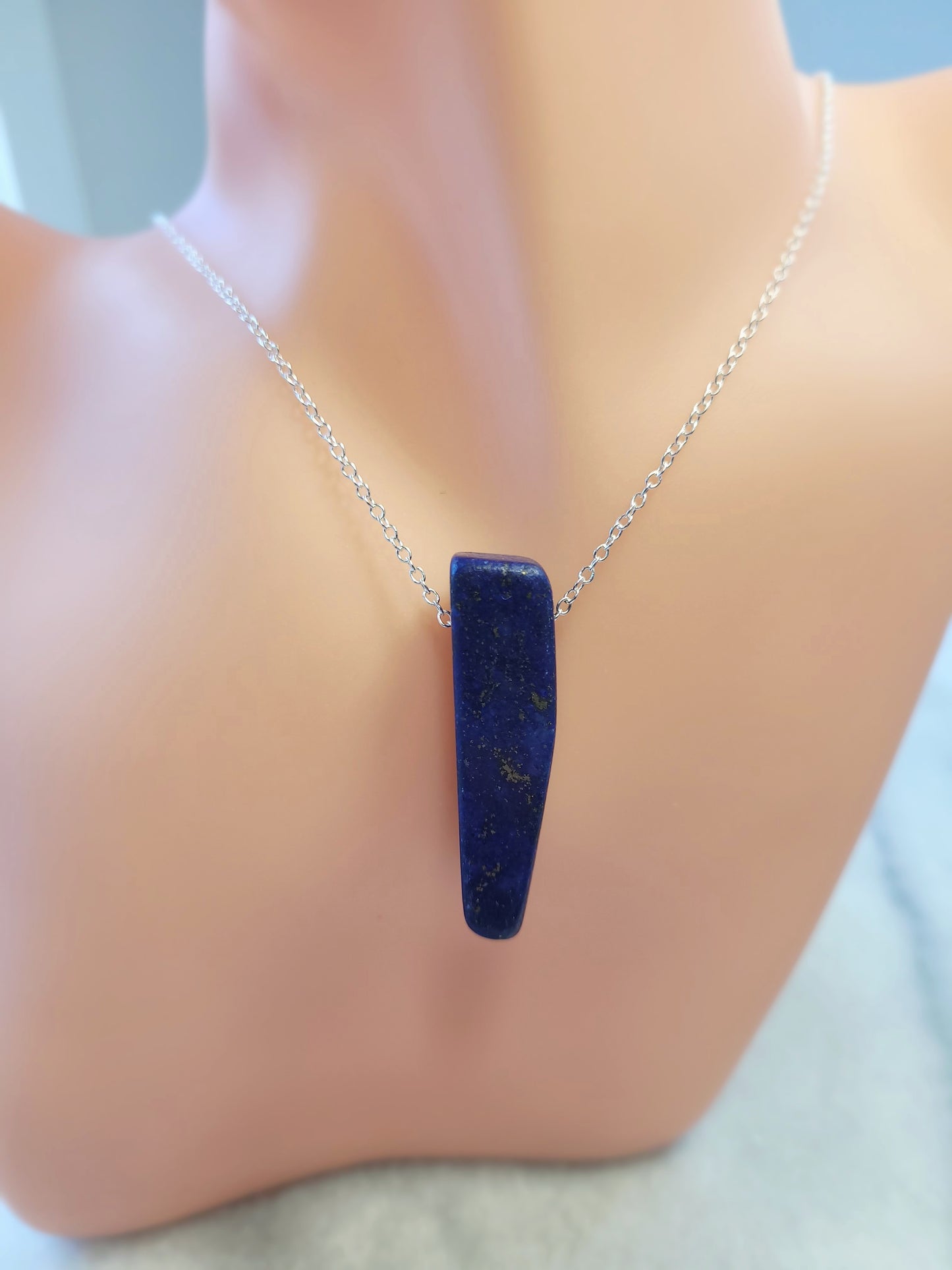 Blue Lapis Lazuli Slice crystal & silver chain necklace