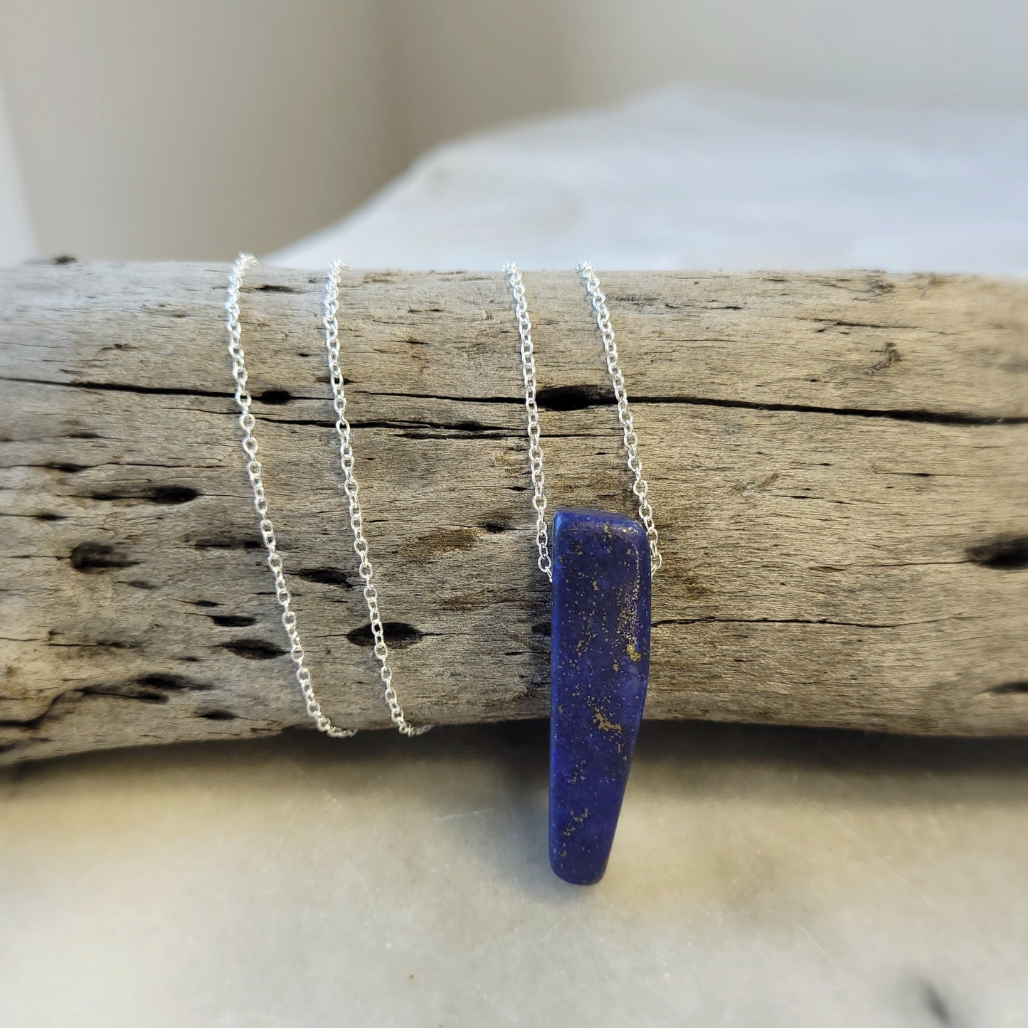 Blue Lapis Lazuli Slice crystal & silver chain necklace