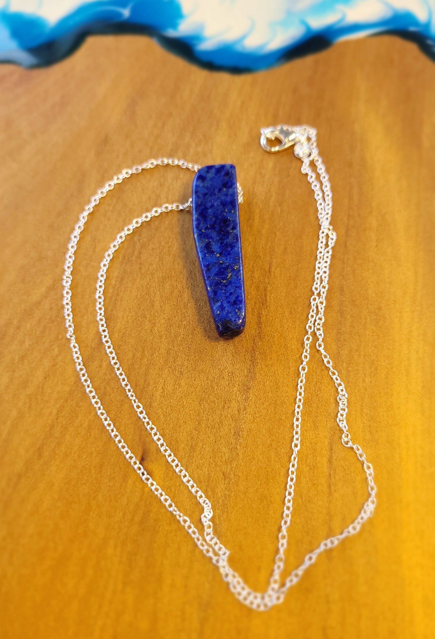 Blue Lapis Lazuli Slice crystal & silver chain necklace