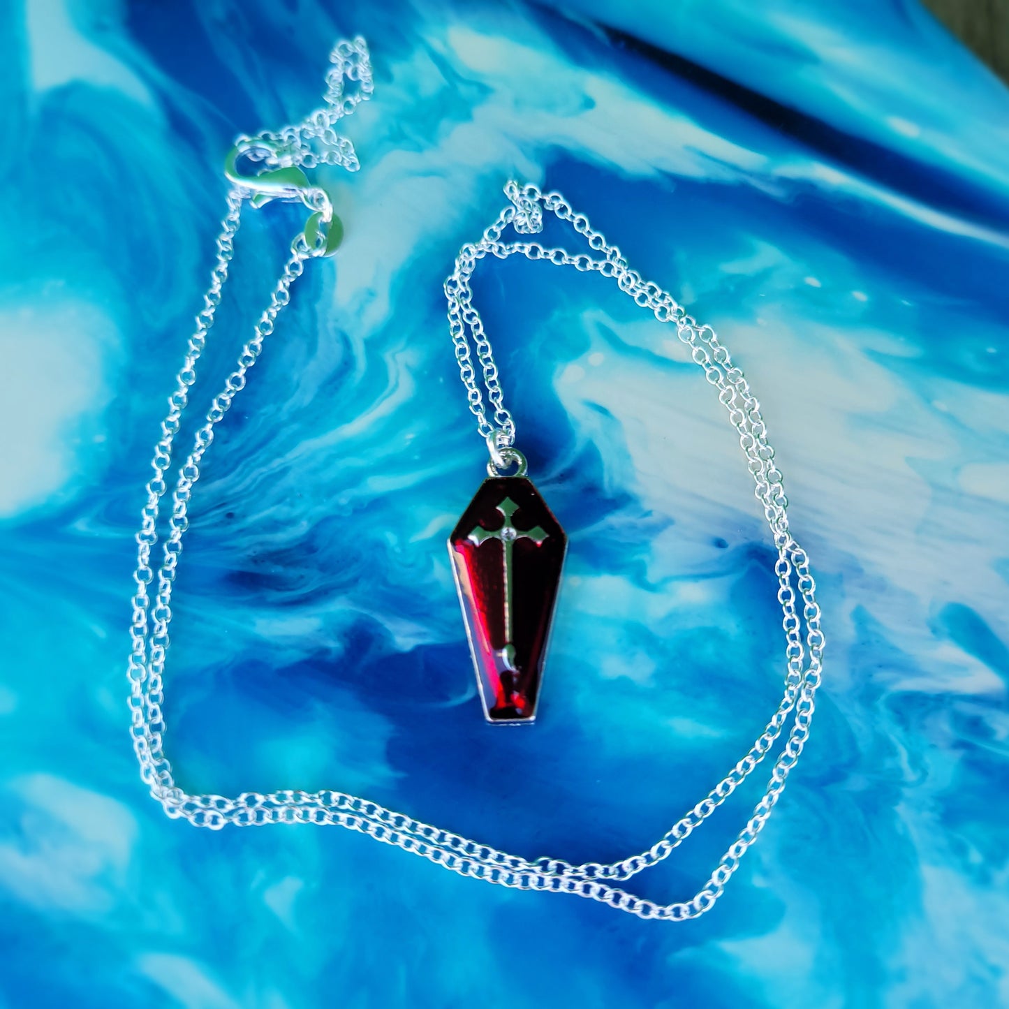 Red Sliver Cross Coffin Necklace