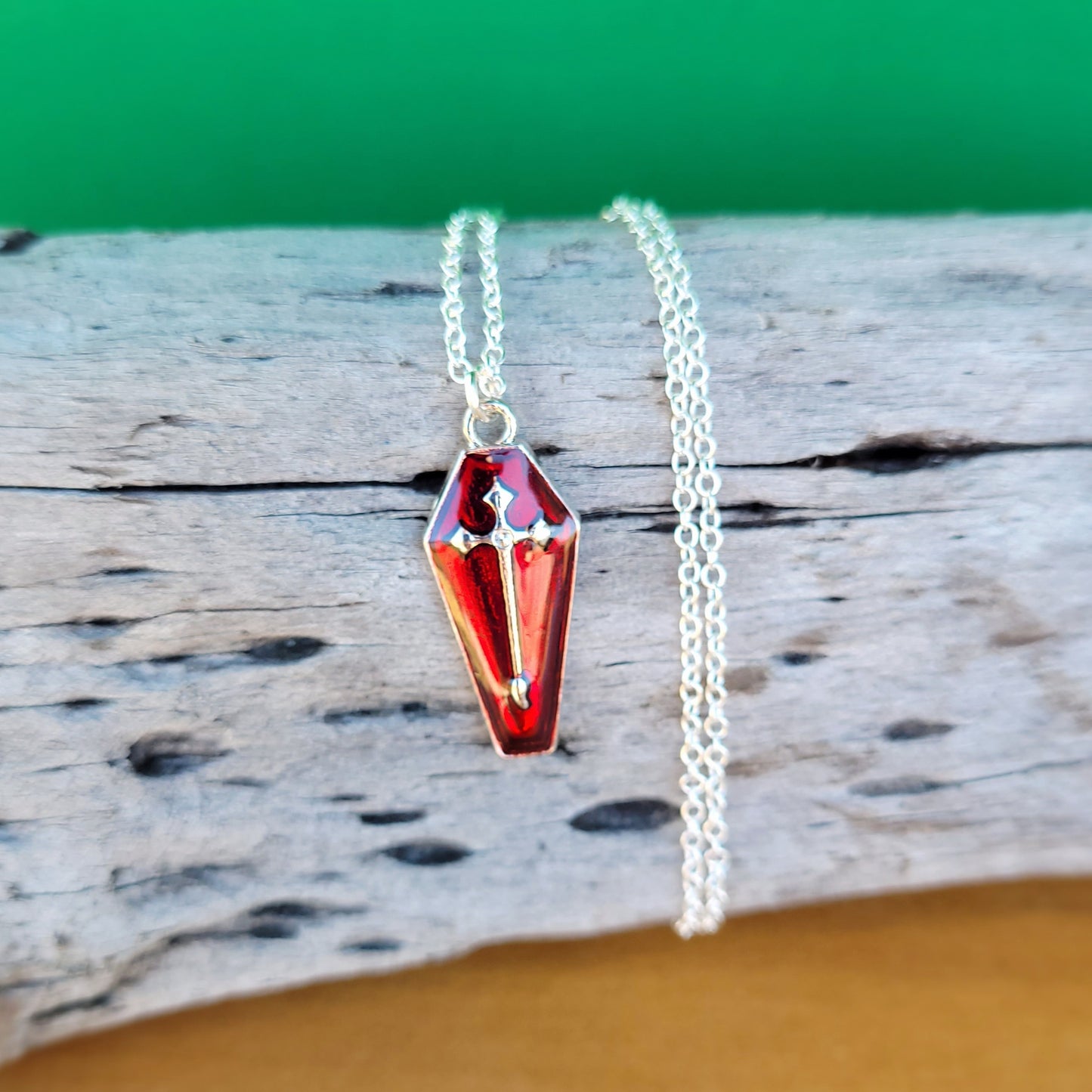 Red Sliver Cross Coffin Necklace