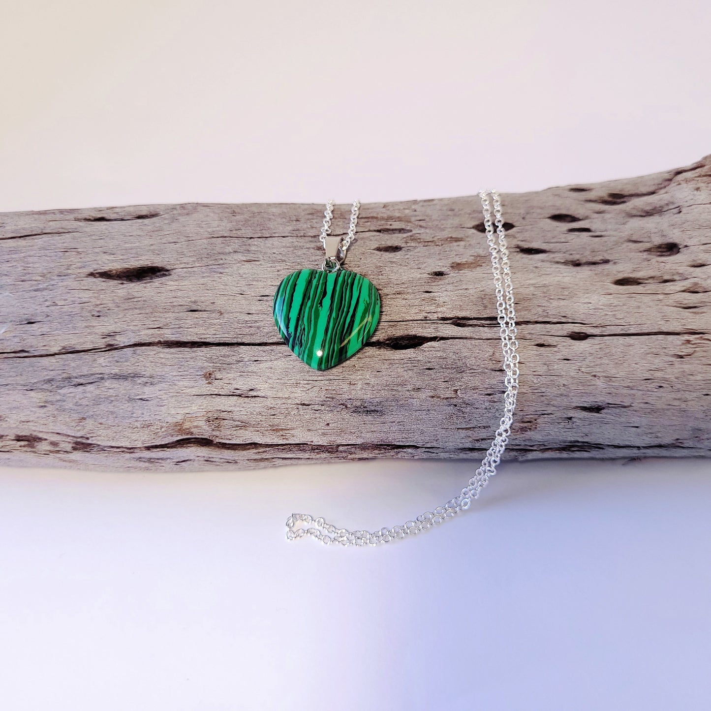 Green Malachite Heart crystal & silver chain necklace