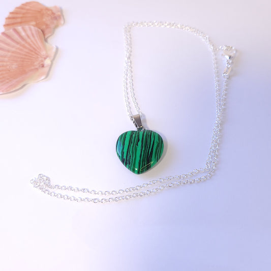 Green Malachite Heart crystal & silver chain necklace