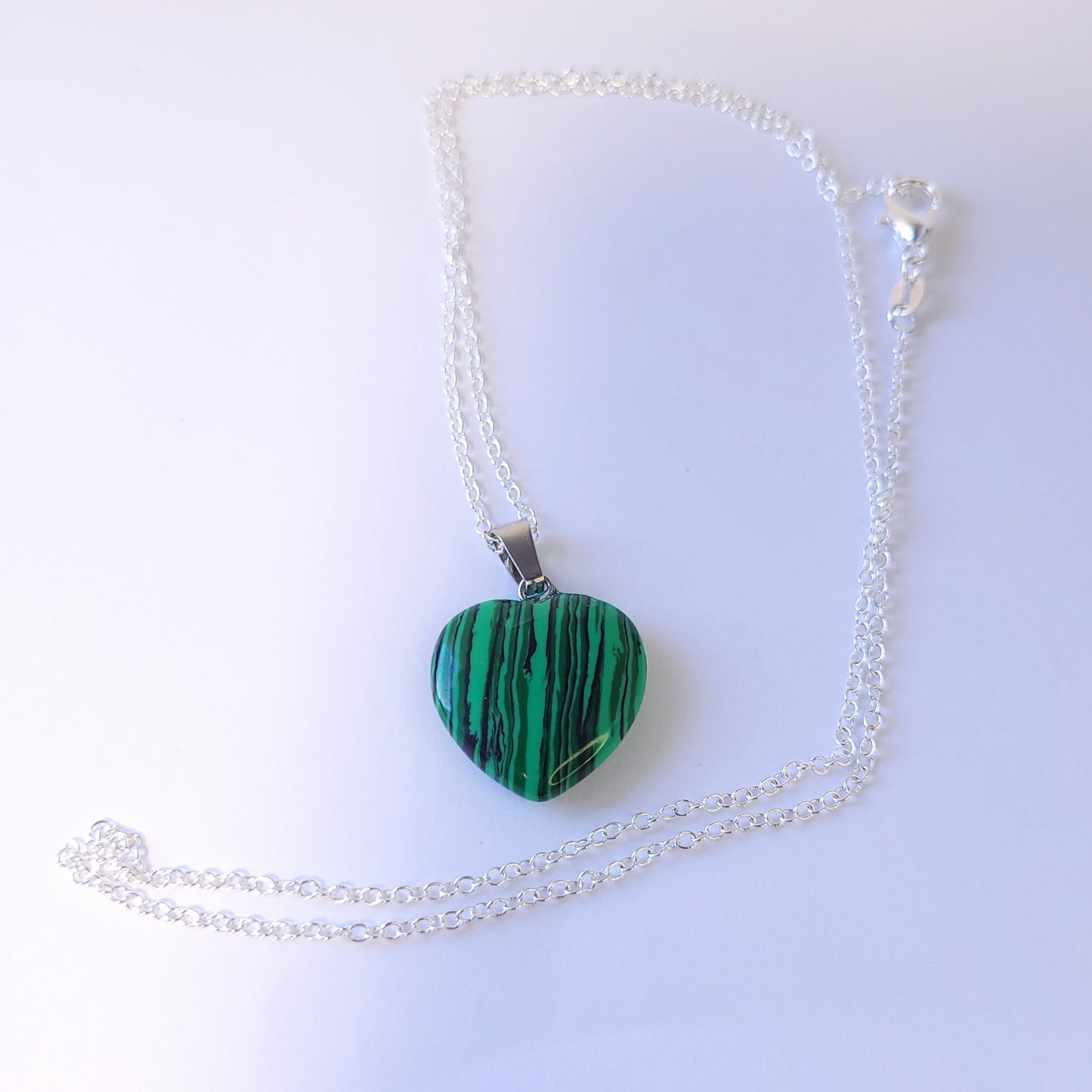 Green Malachite Heart crystal & silver chain necklace