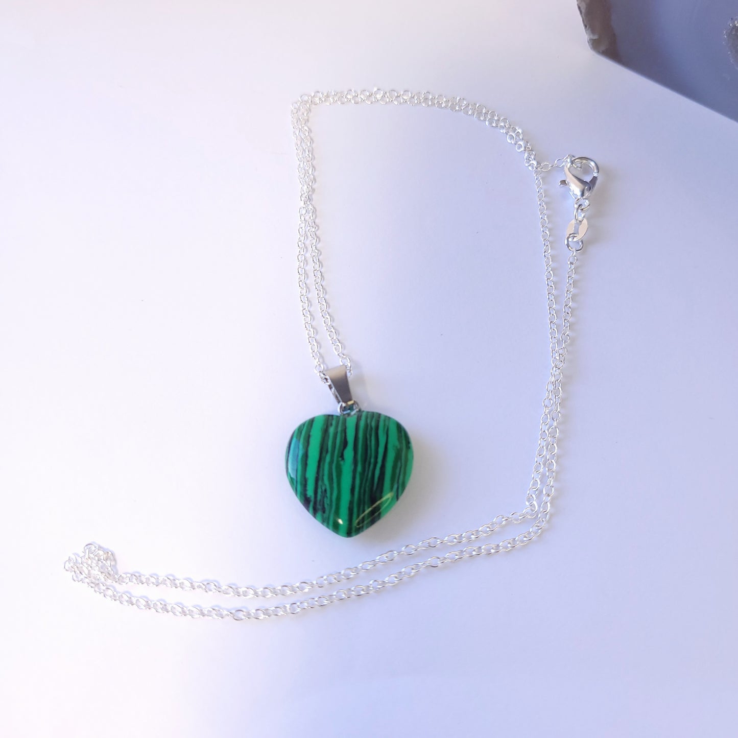 Green Malachite Heart crystal & silver chain necklace