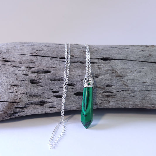 Green Malachite crystal & silver chain necklace