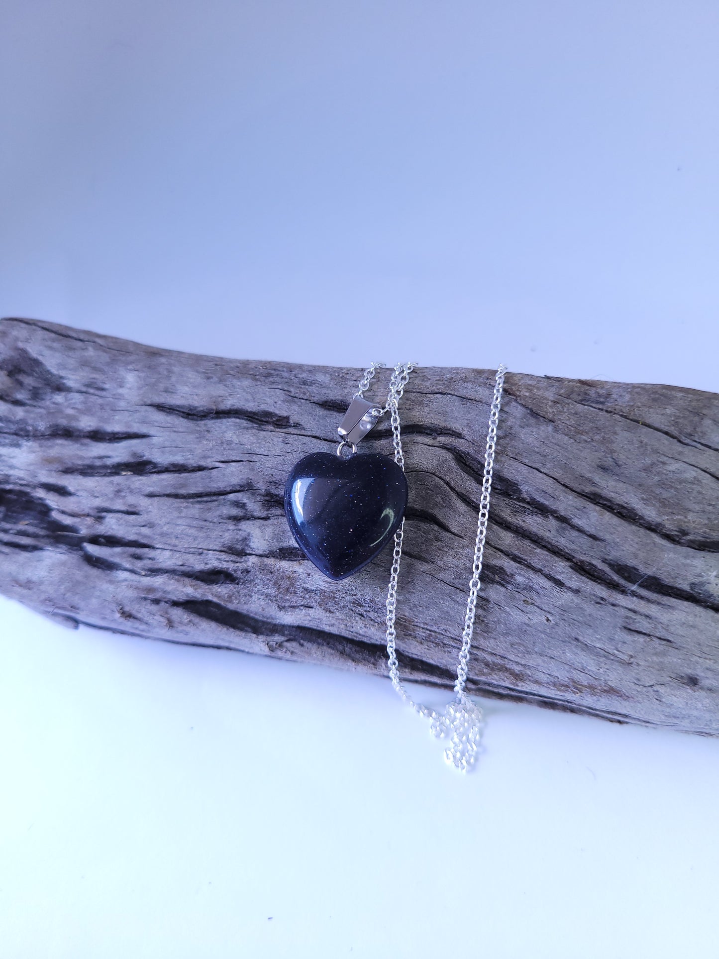 Blue Goldstone Heart crystal & silver chain necklace