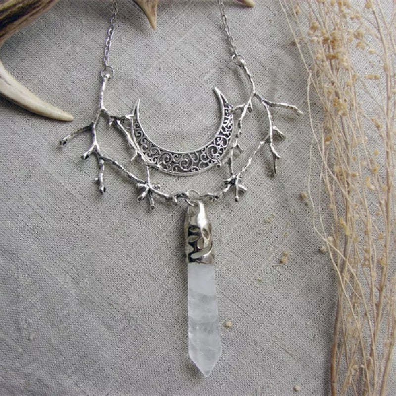 White Crystal Crescent Moon Branches Necklace